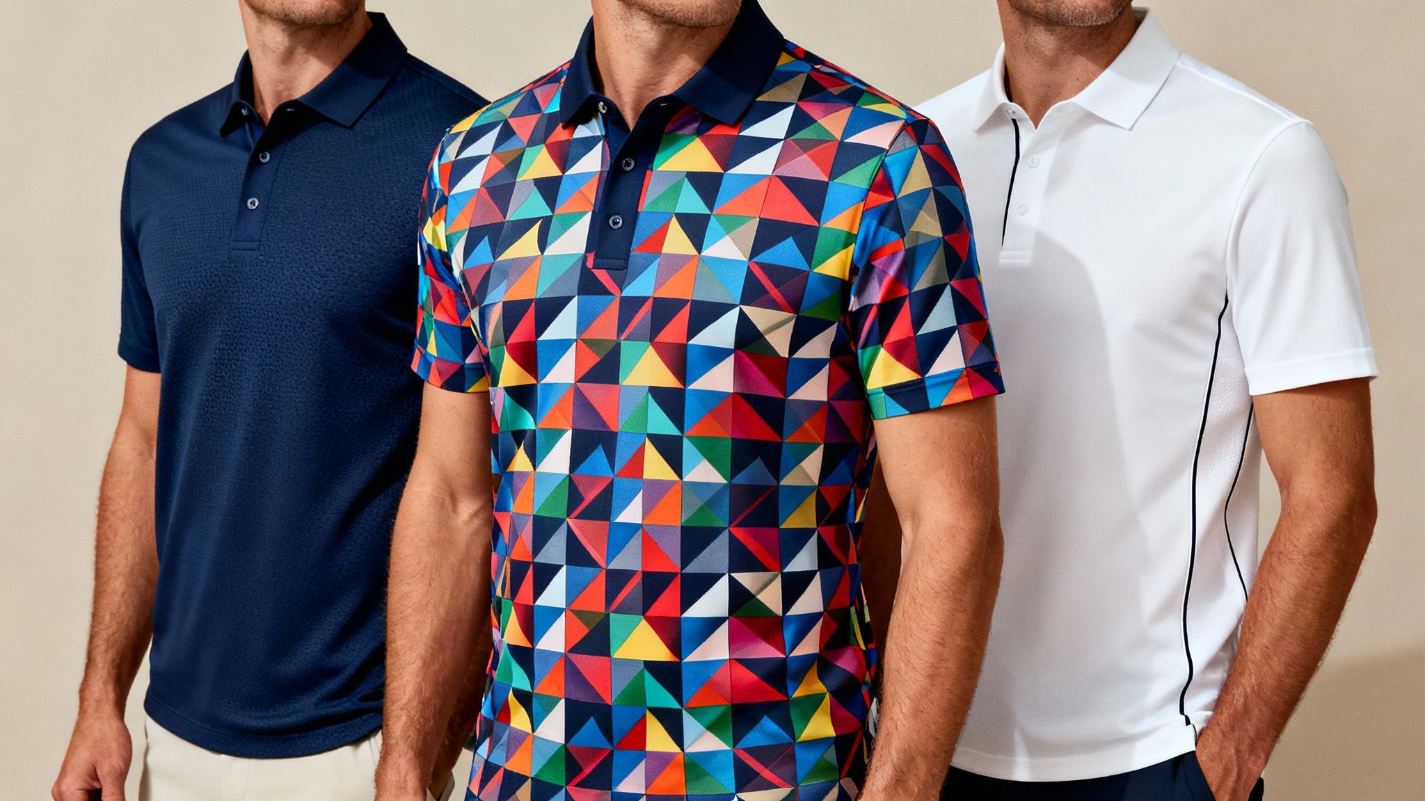 Three men model stylish golf polo shirts, including blue, colorful geometric, and white designs.