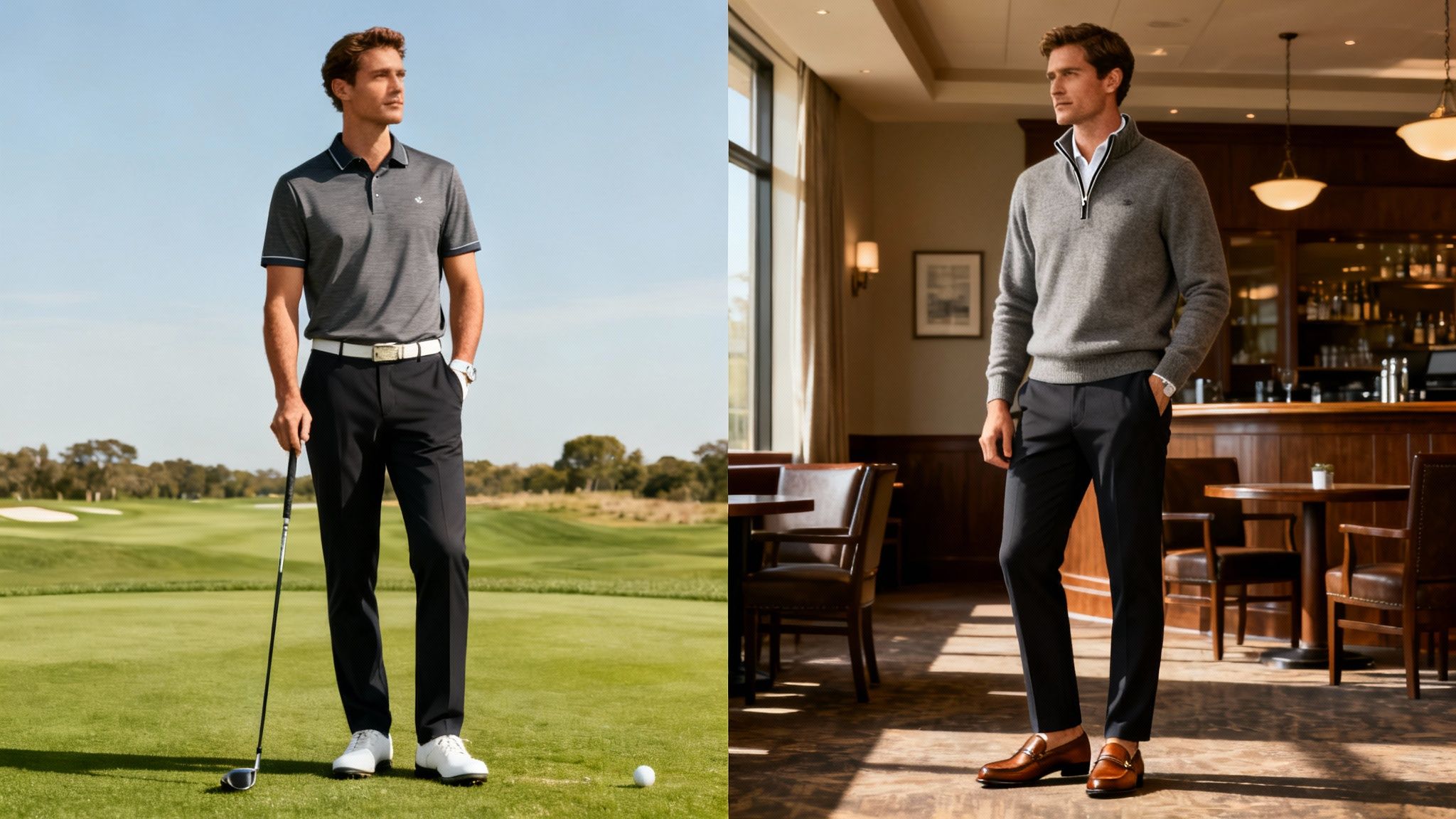 A man in classic golf attire enjoying a drink in a modern clubhouse after his round.