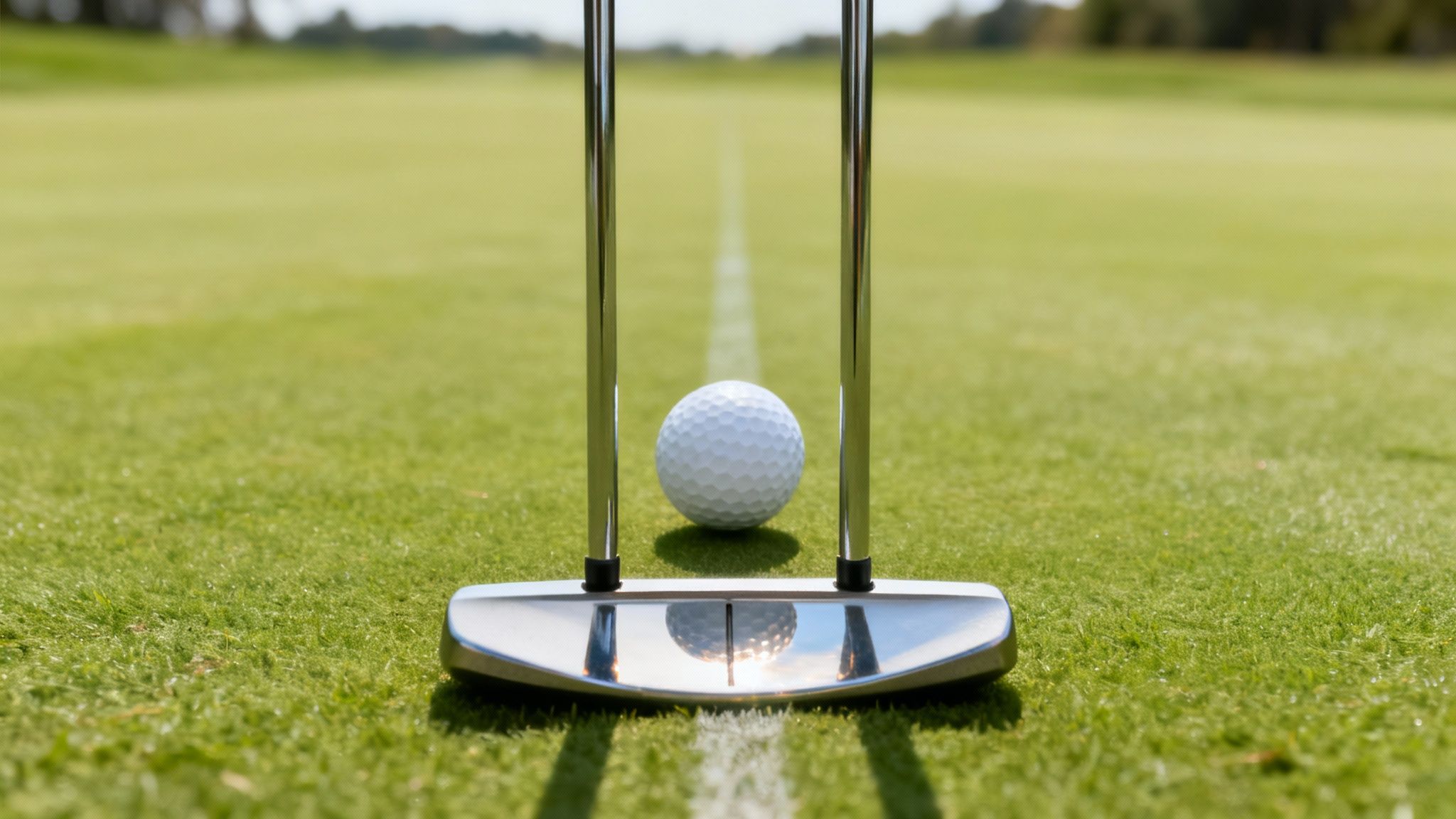 A golf putter, white golf ball, and alignment rods on a green putting surface.
