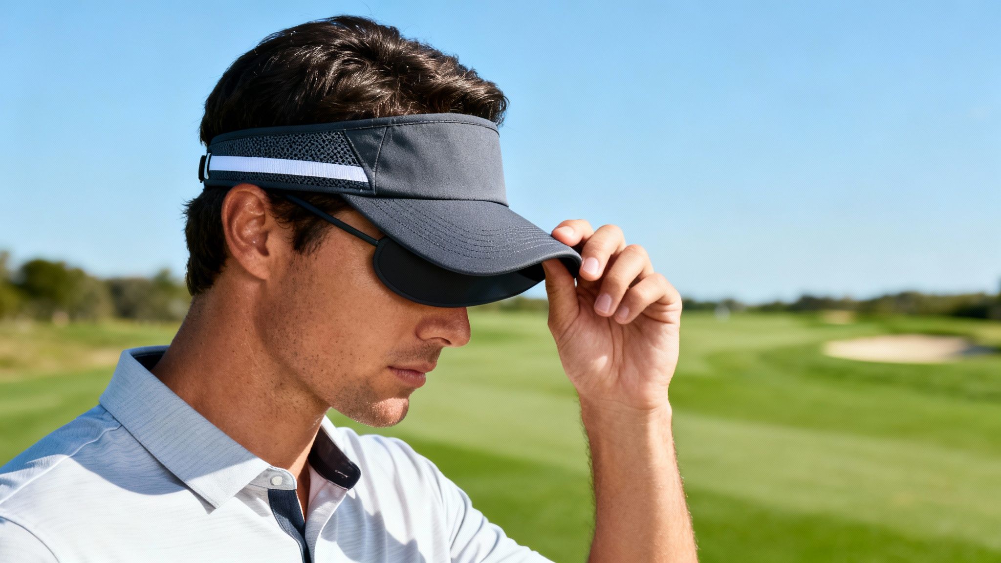 Profile of a male golfer adjusting his grey visor on a sunny course.