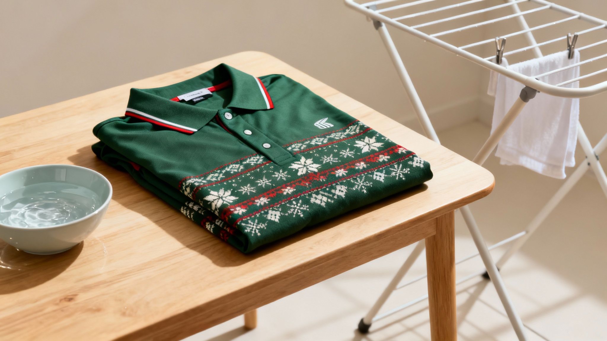 A green polo shirt with a festive snowflake pattern is on a wooden table next to water.