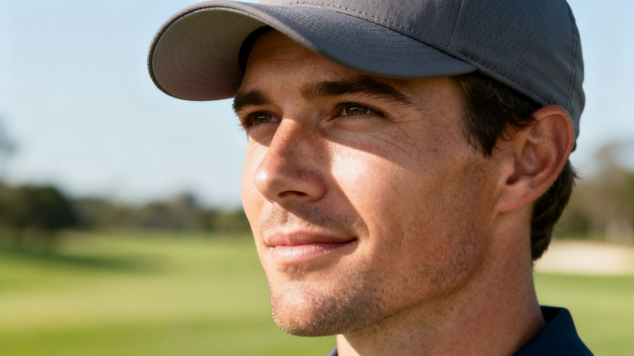 Close-up of a man in a grey golf hat looking thoughtfully across a sunny golf course.