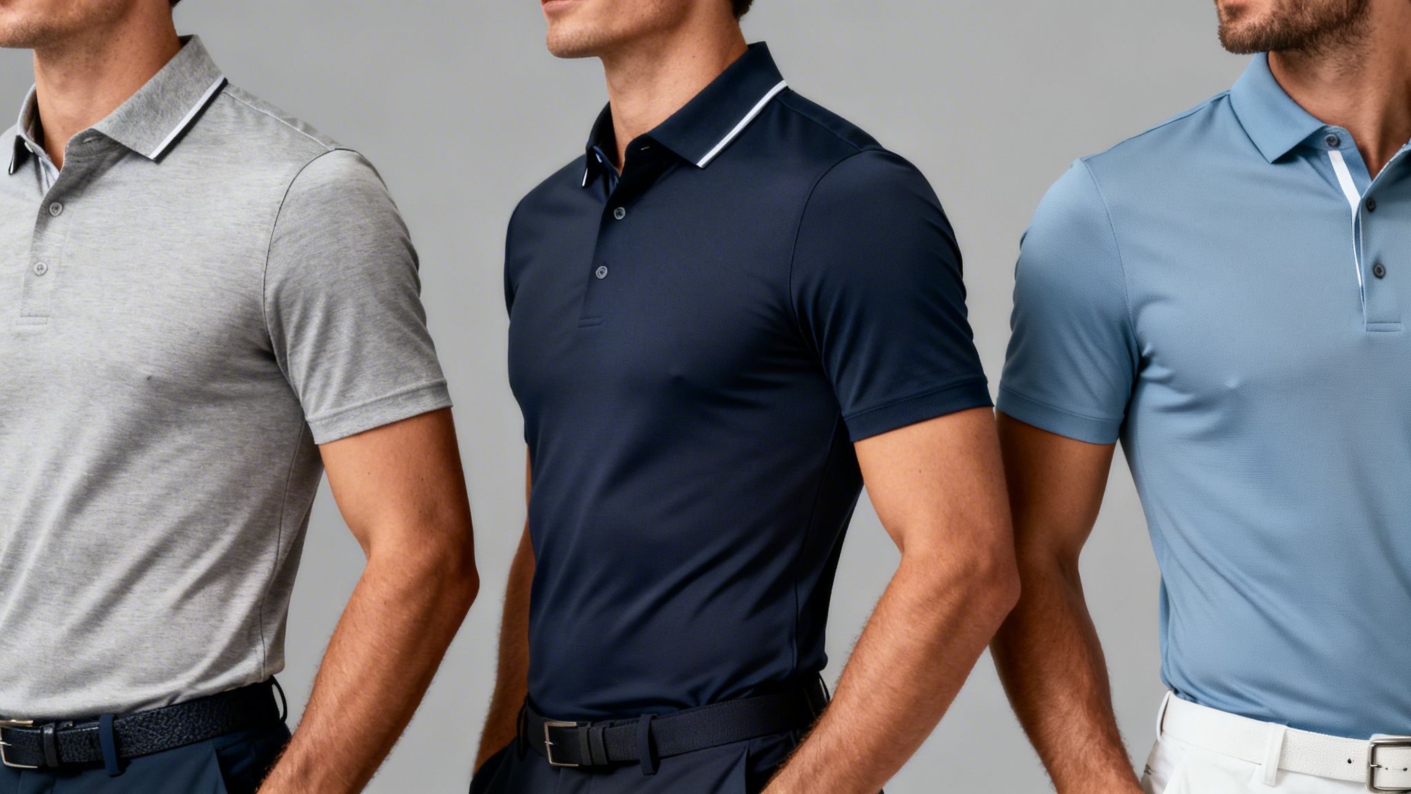 Stylish men in grey, navy, and light blue short-sleeve polo shirts, perfect for golf.