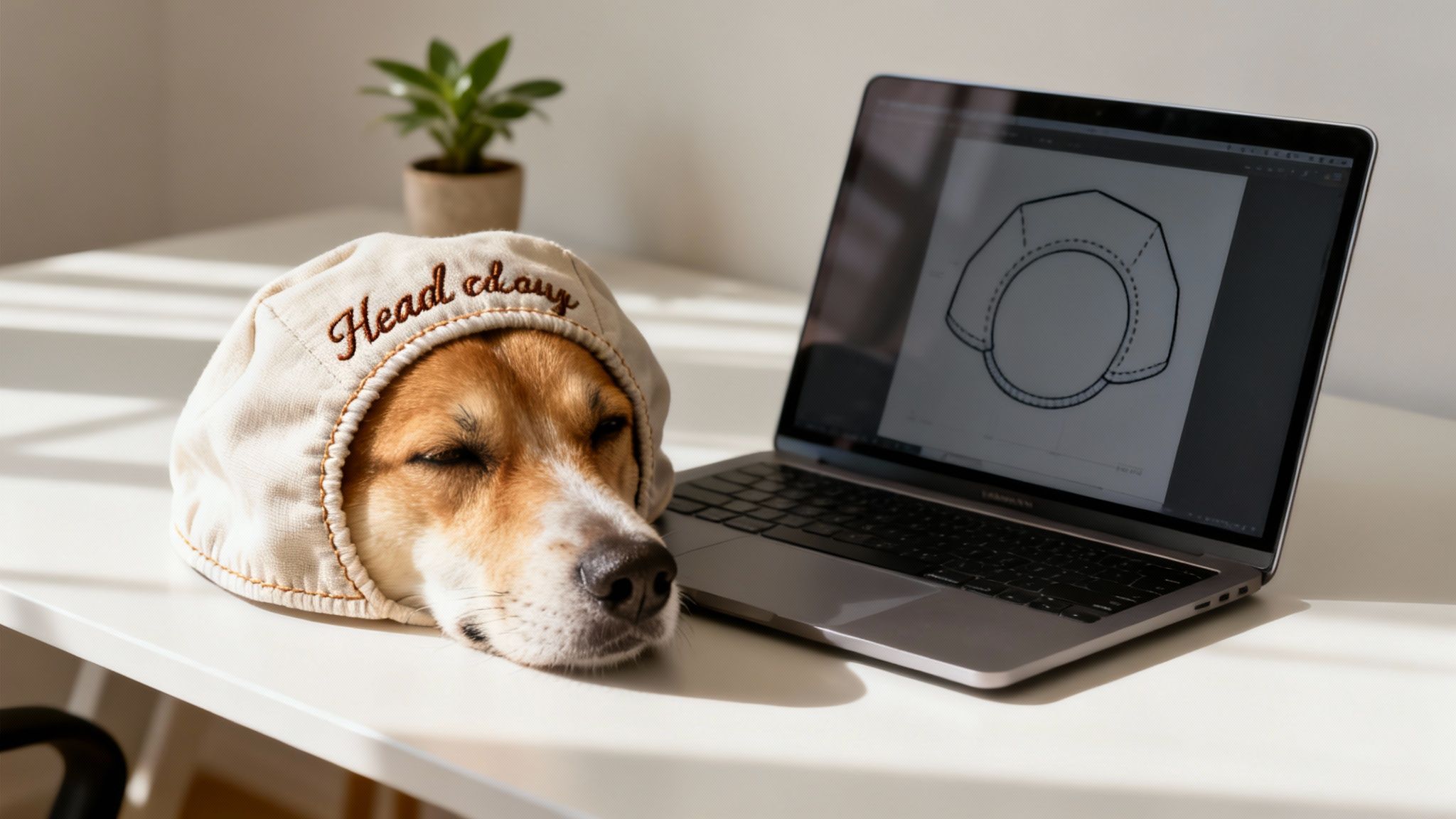 A sleepy dog wearing a cream-colored hood with 'Head clouy' embroidery, resting next to a laptop showing a pattern.