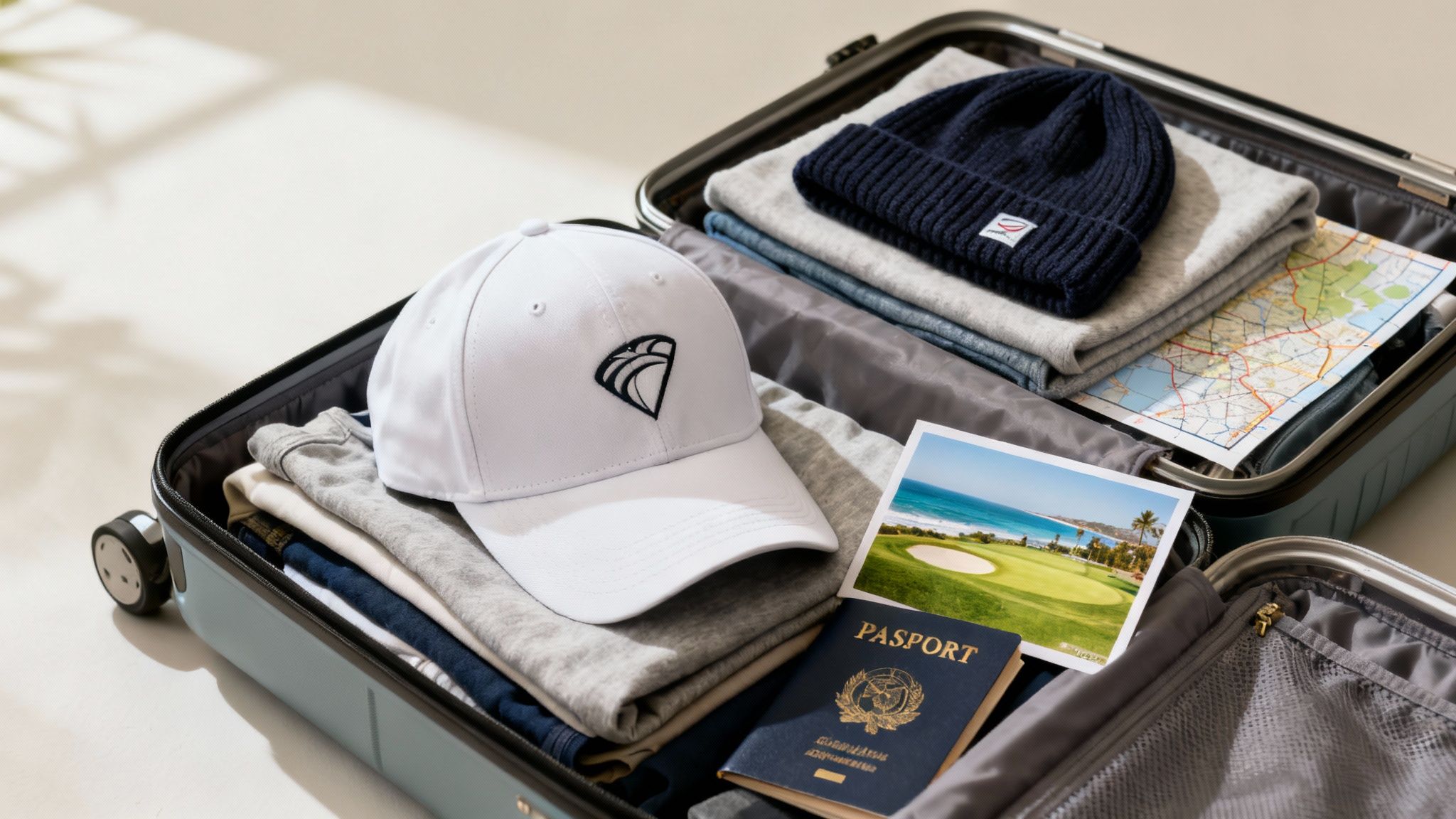 An open suitcase packed with travel essentials: clothes, hats, a passport, map, and a golf postcard.