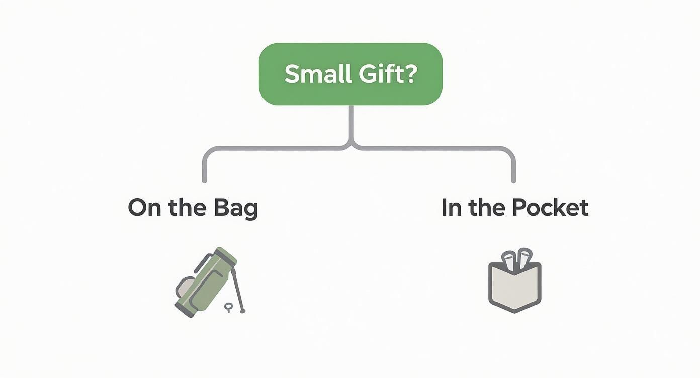 Infographic decision tree showing small golf gifts, branching into 'On the Bag' and 'In the Pocket' categories with associated icons.