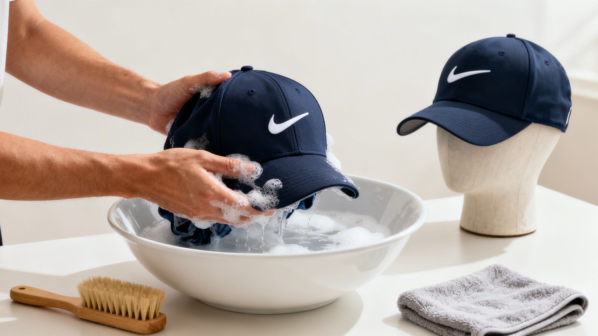 Hands washing a navy blue Nike baseball cap in a soapy bowl, with another cap nearby.