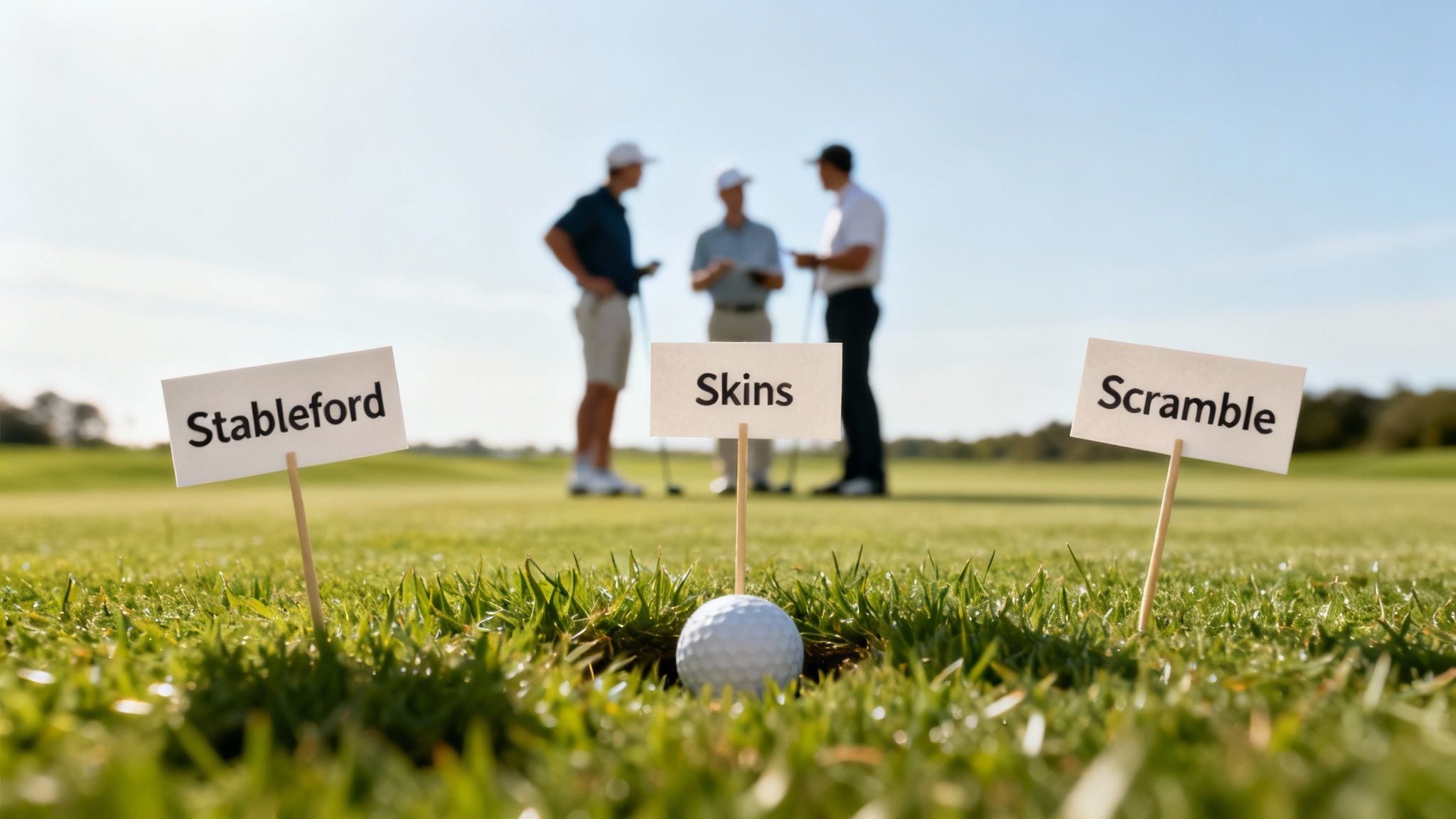 Three signs for golf scoring formats (Stableford, Skins, Scramble) on a golf course with golfers.