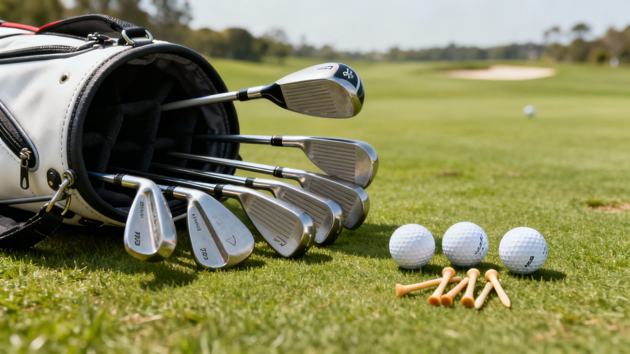 A golfer wearing a hat and jacket on a sunny but cool day.
