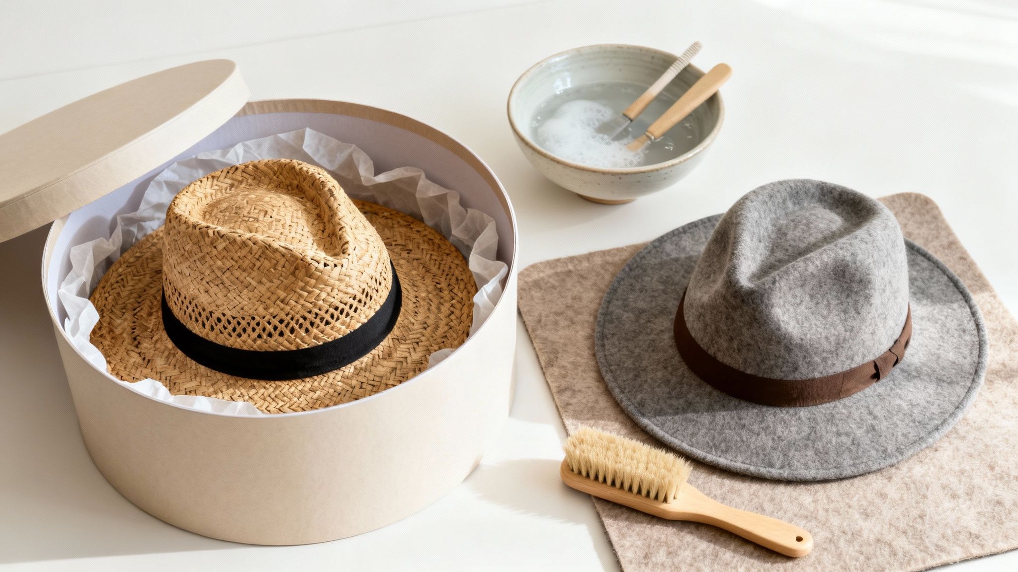 Overhead view of straw and felt hats with cleaning brushes and a hat storage box.
