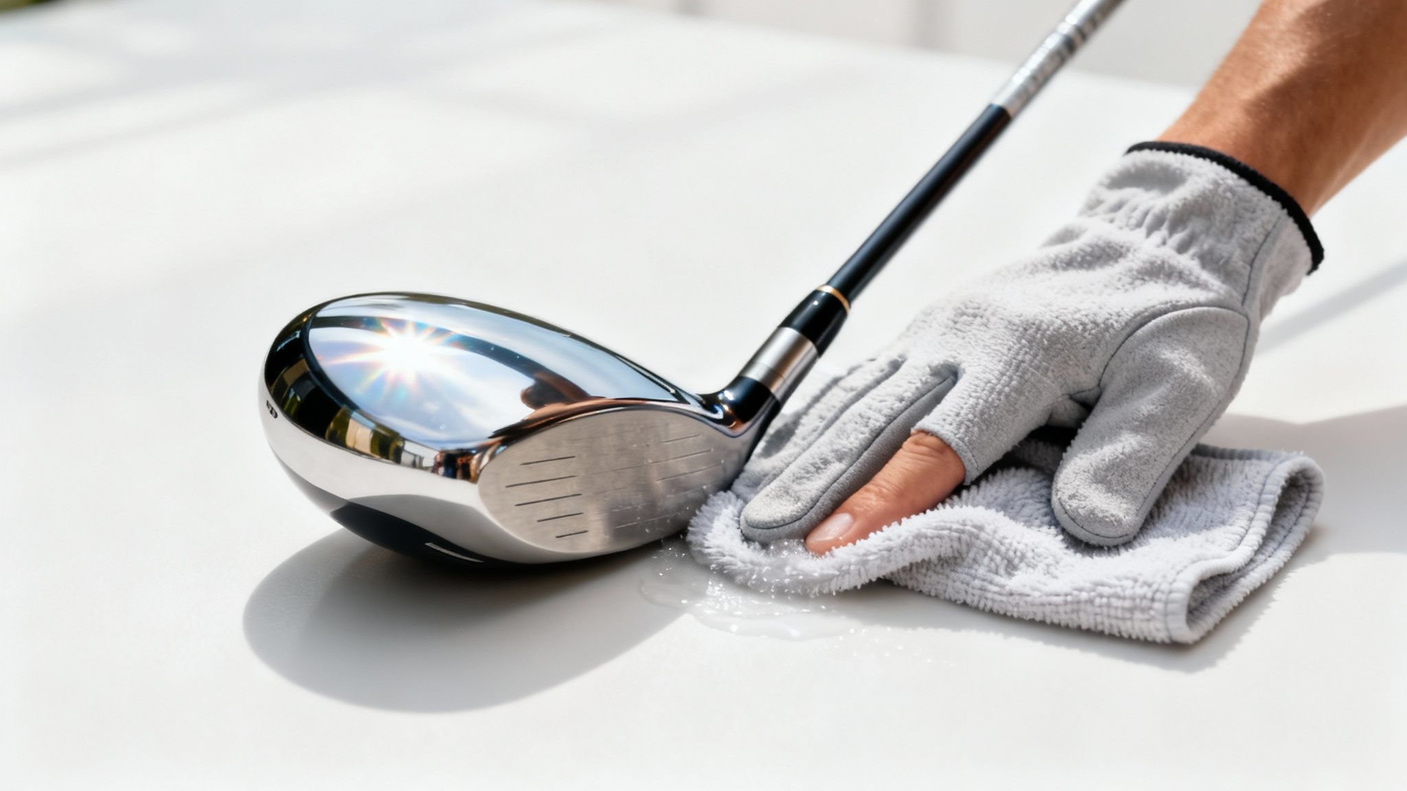 A golf wood being gently wiped with a microfiber cloth