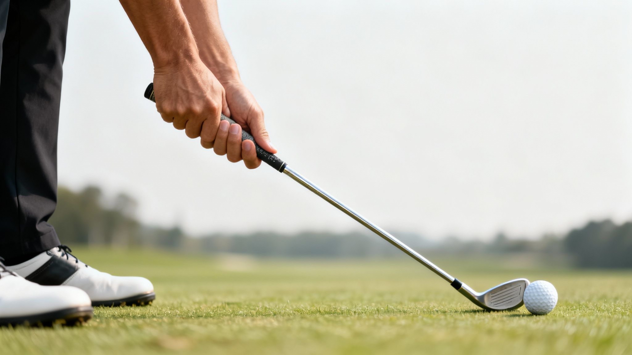 Close-up of a golfer's hands gripping a club, ready to hit a golf ball on a green course.