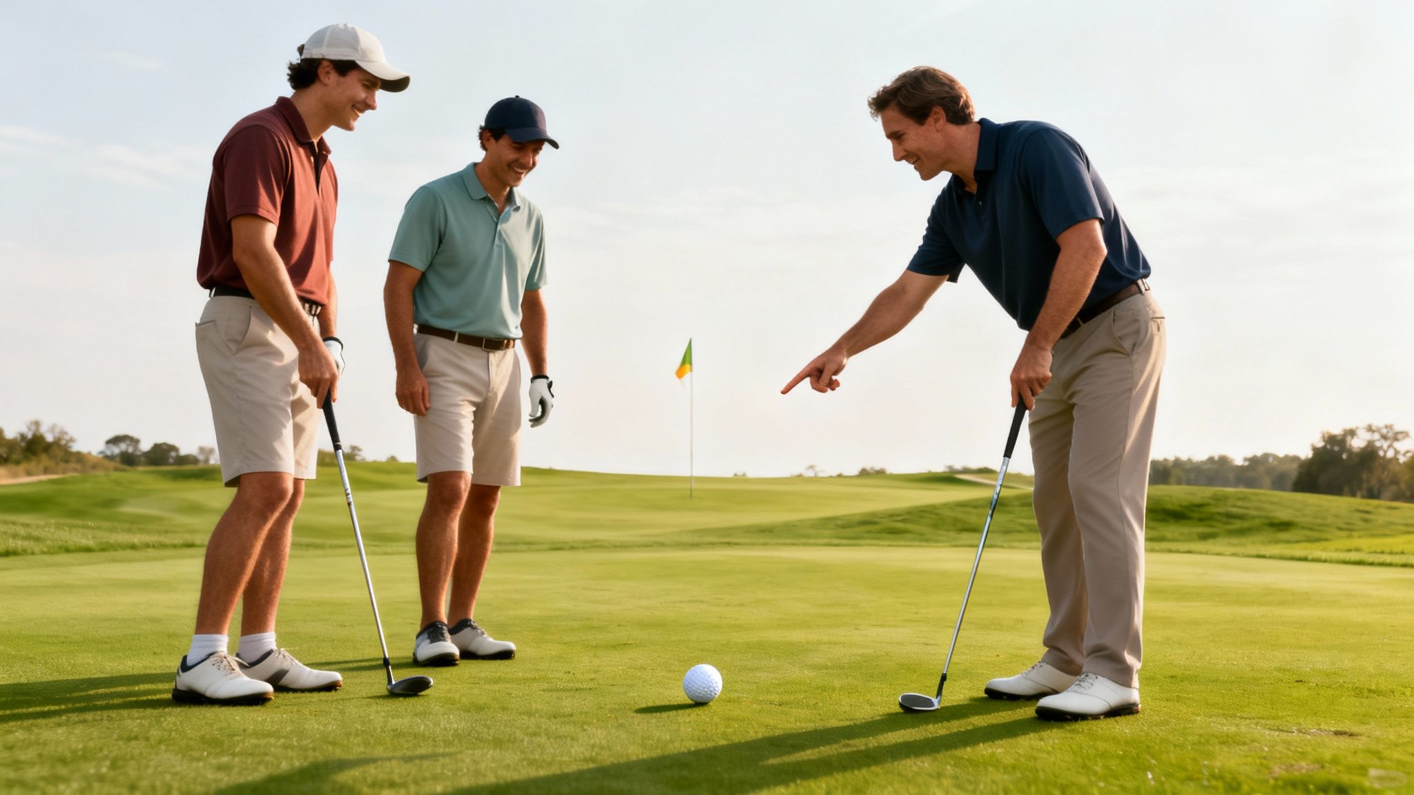 Three men on a sunny golf course, one instructing the others about a golf ball on the green.