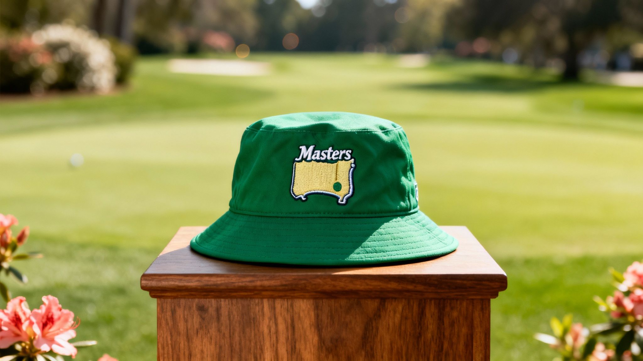 Green Masters bucket hat on a wooden pedestal overlooking a sunny golf course with flowers.