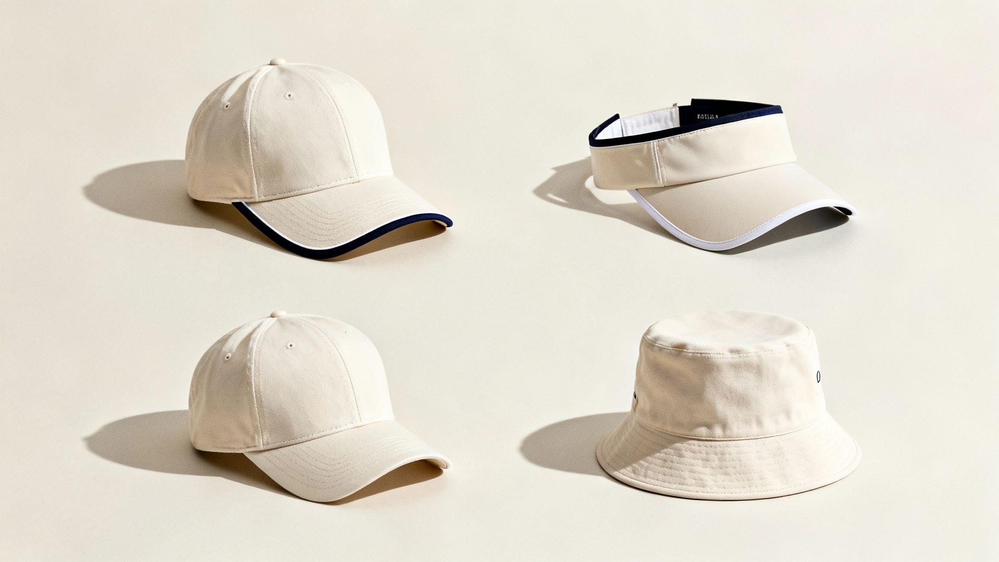 Four beige headwear items: two baseball caps, a visor with navy trim, and a bucket hat.