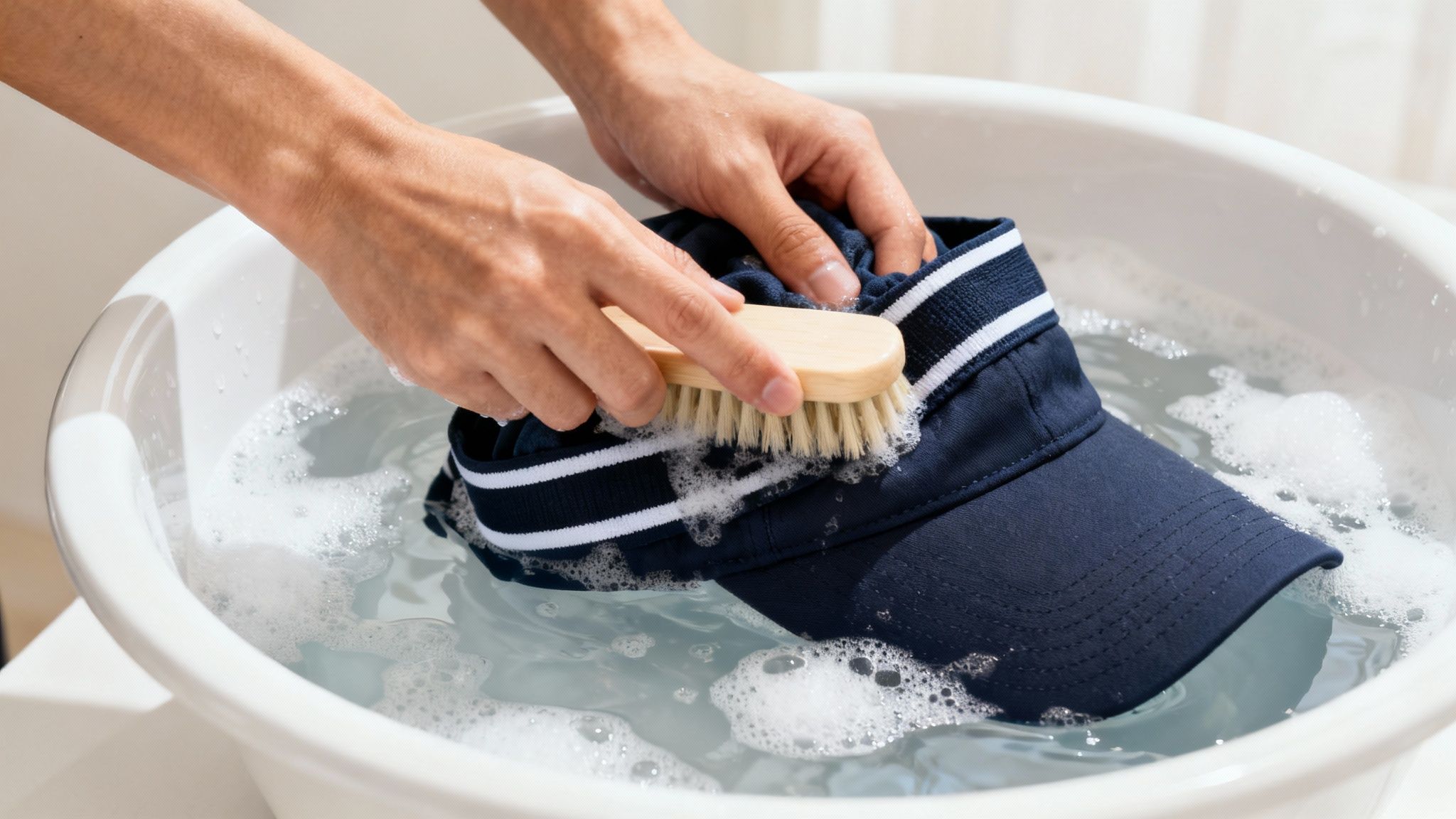 Person hand washing a golf hat in a sink