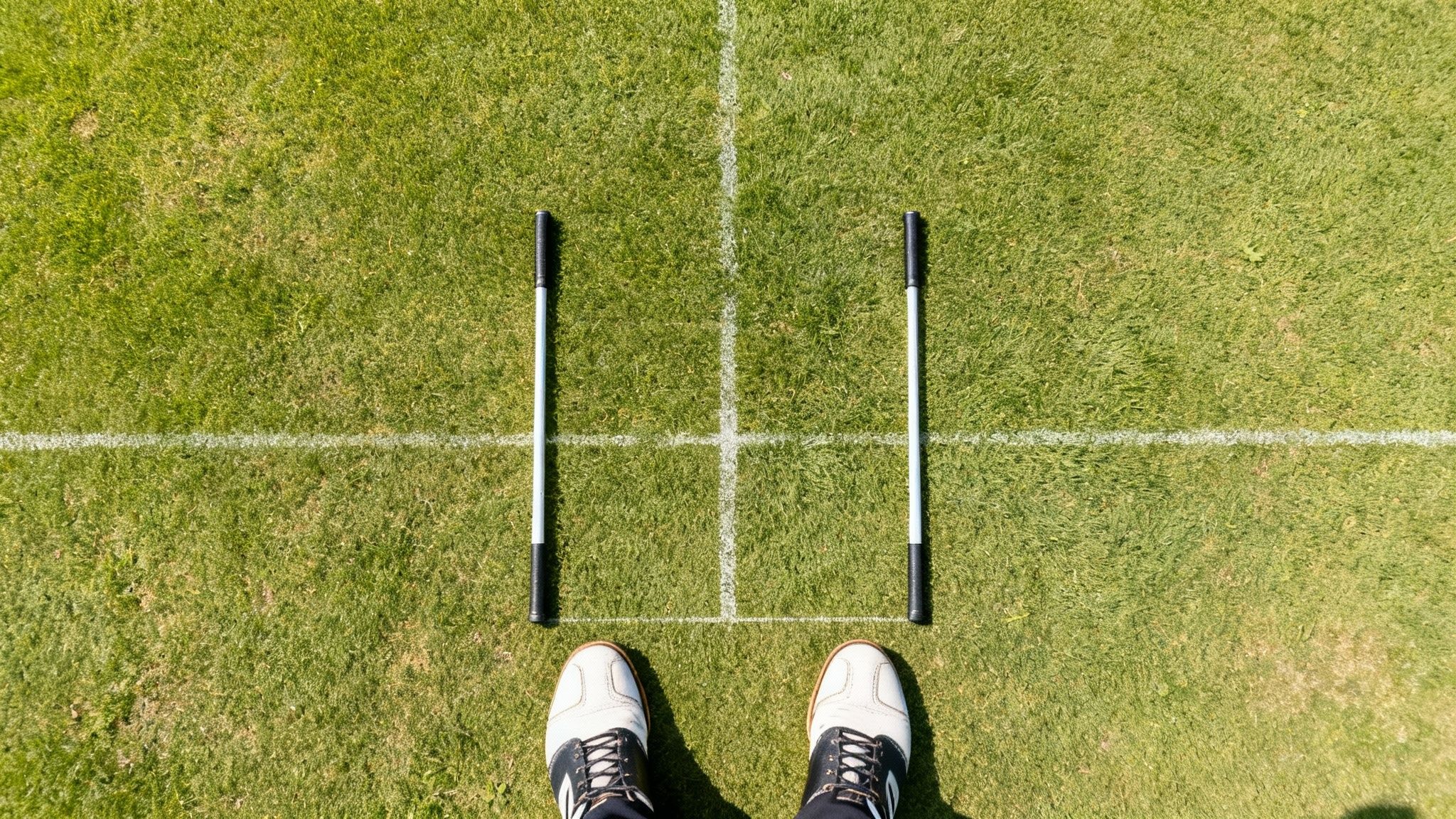 Golfer's feet in white shoes stand on a green field with white lines and two alignment sticks.