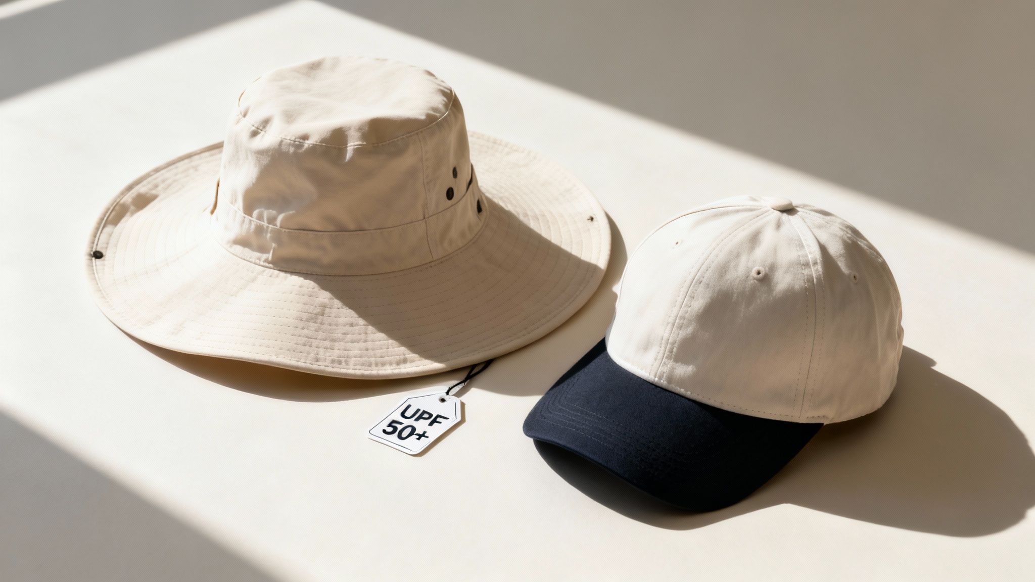 Two sun-protective hats, a beige bucket hat with a UPF 50+ tag and a two-toned baseball cap.