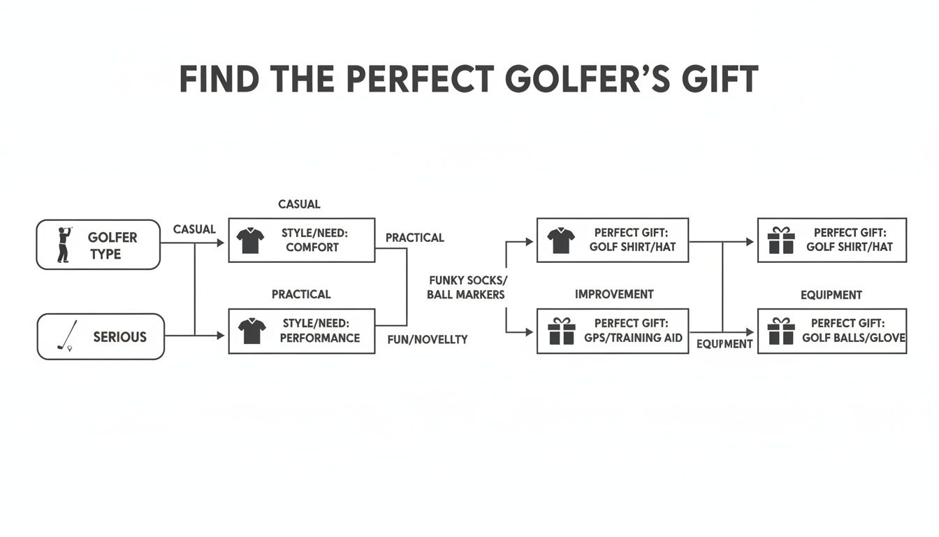Flowchart detailing how to find the perfect gift for a golfer based on their type and preferences.