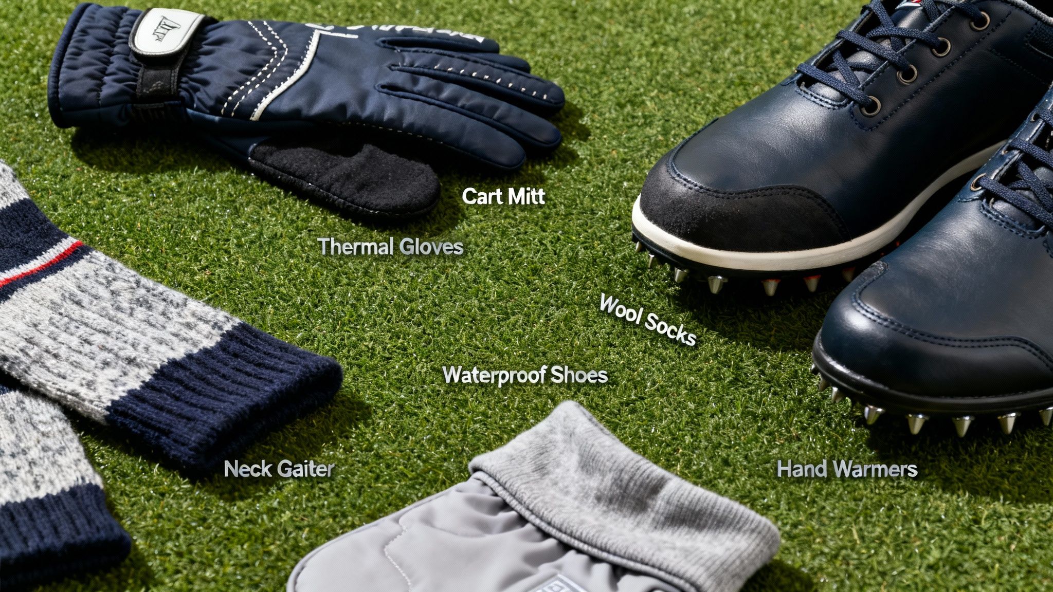 Essential cold weather golf gear: thermal gloves, cart mitt, waterproof shoes, wool socks, neck gaiter, and hand warmers.