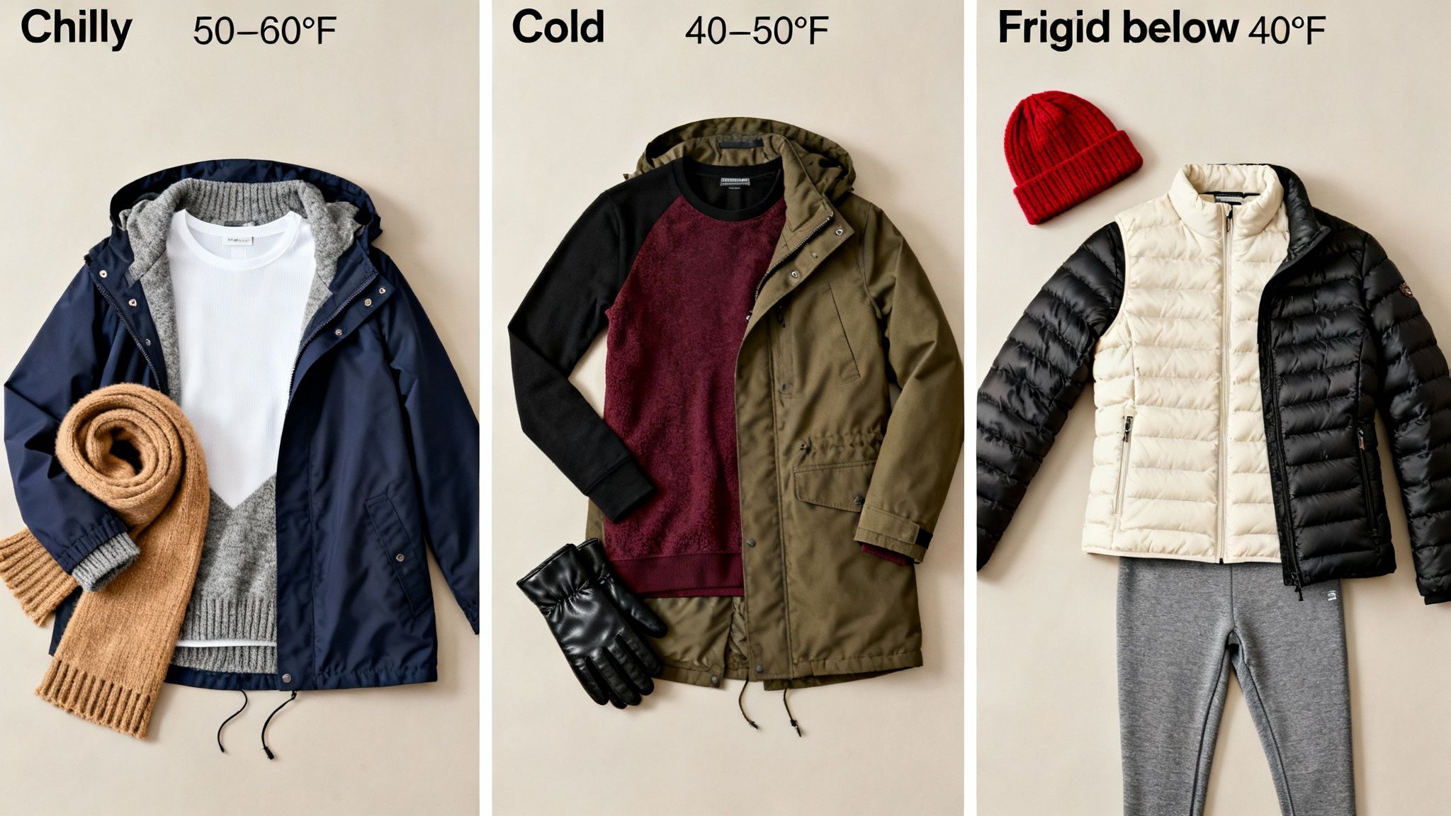 Three flatlays showing layered outfits for chilly, cold, and frigid temperatures, including jackets, sweaters, and accessories.
