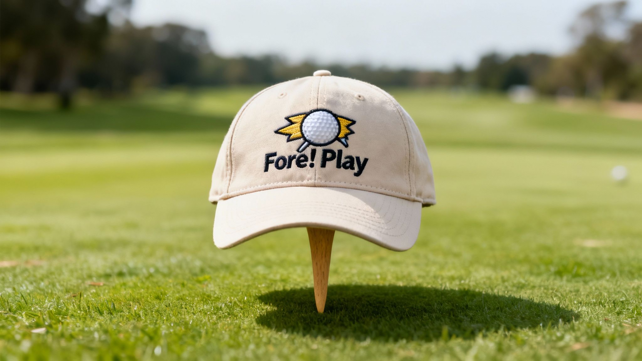 A man wearing a stylish golf hat with a unique design, smiling on the golf course