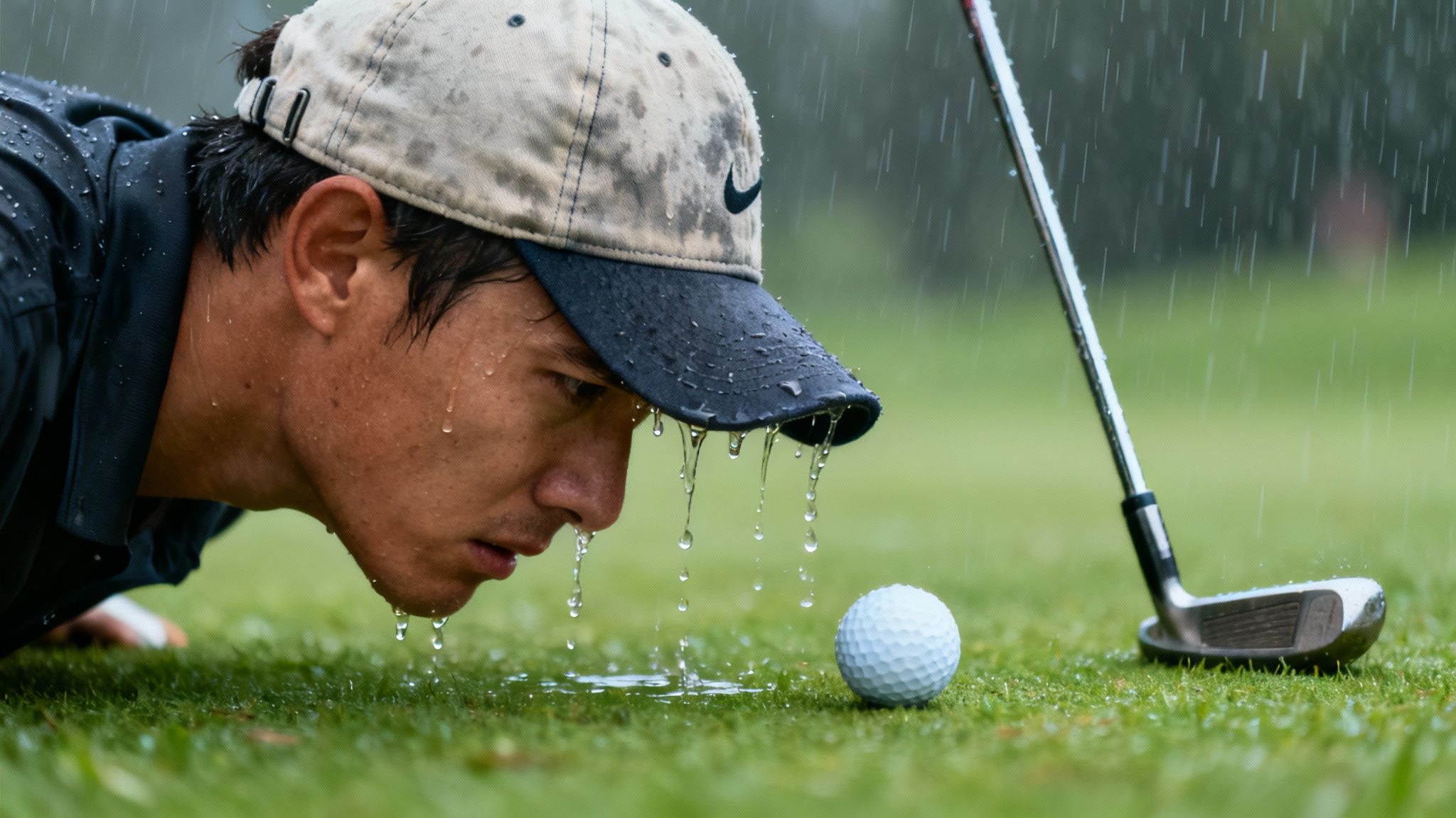 A golfer in a rain-soaked cap examines his golf ball on a wet green during a downpour.