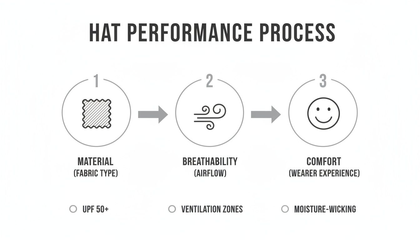 Diagram illustrating the hat performance process from material and breathability to wearer comfort.