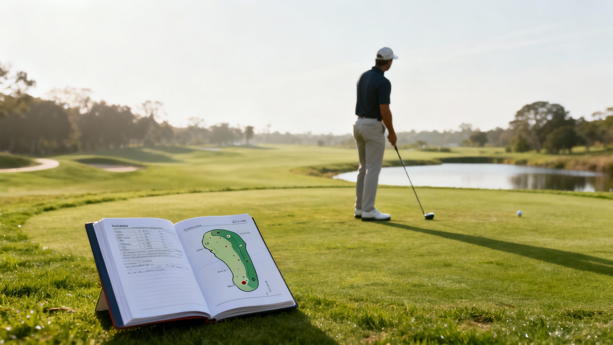 A golfer stands on a tee box, while a golf course strategy book lies open on the grass.