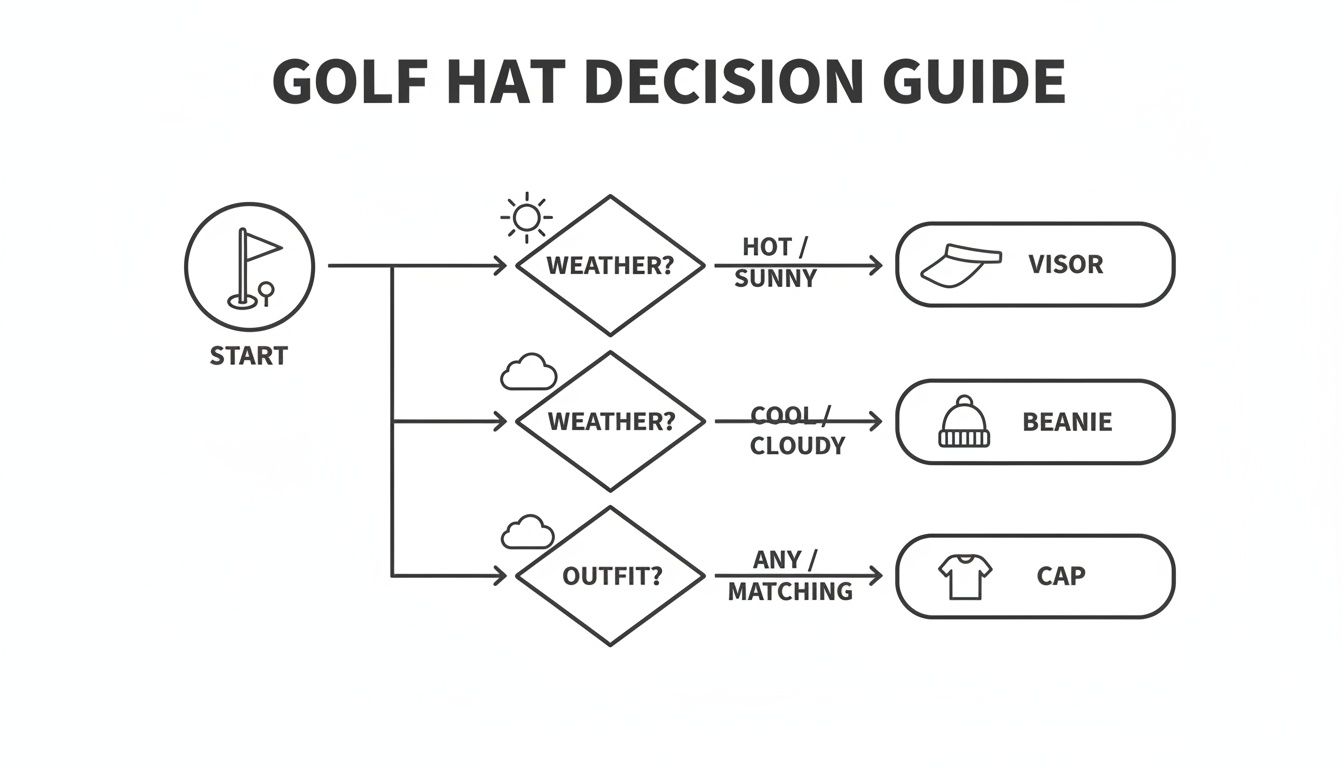 A golf hat decision guide flowchart helps choose between visor, beanie, or cap based on weather and outfit.