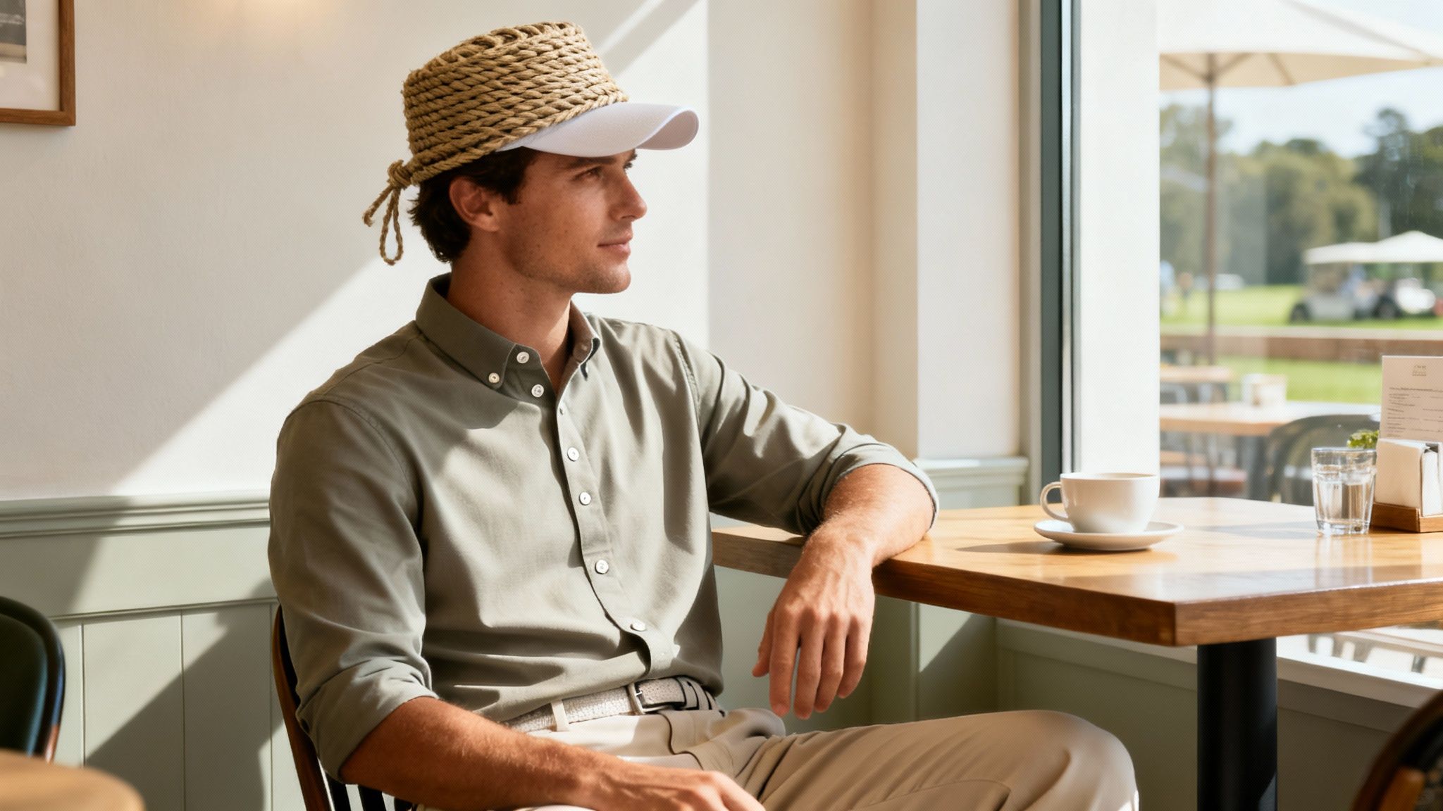 A man in a cafe wearing a unique rope visor hat and a light green shirt, looking out the window.