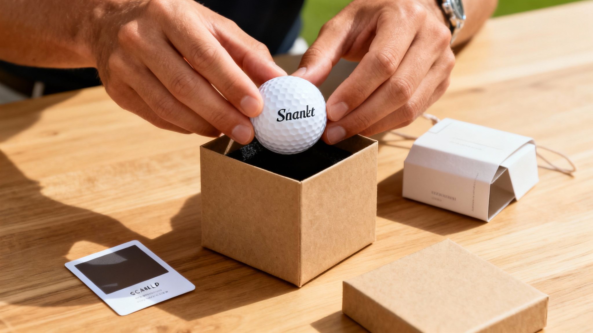 Close-up of hands placing a 'Saankt' golf ball into a brown gift box on a wooden table.
