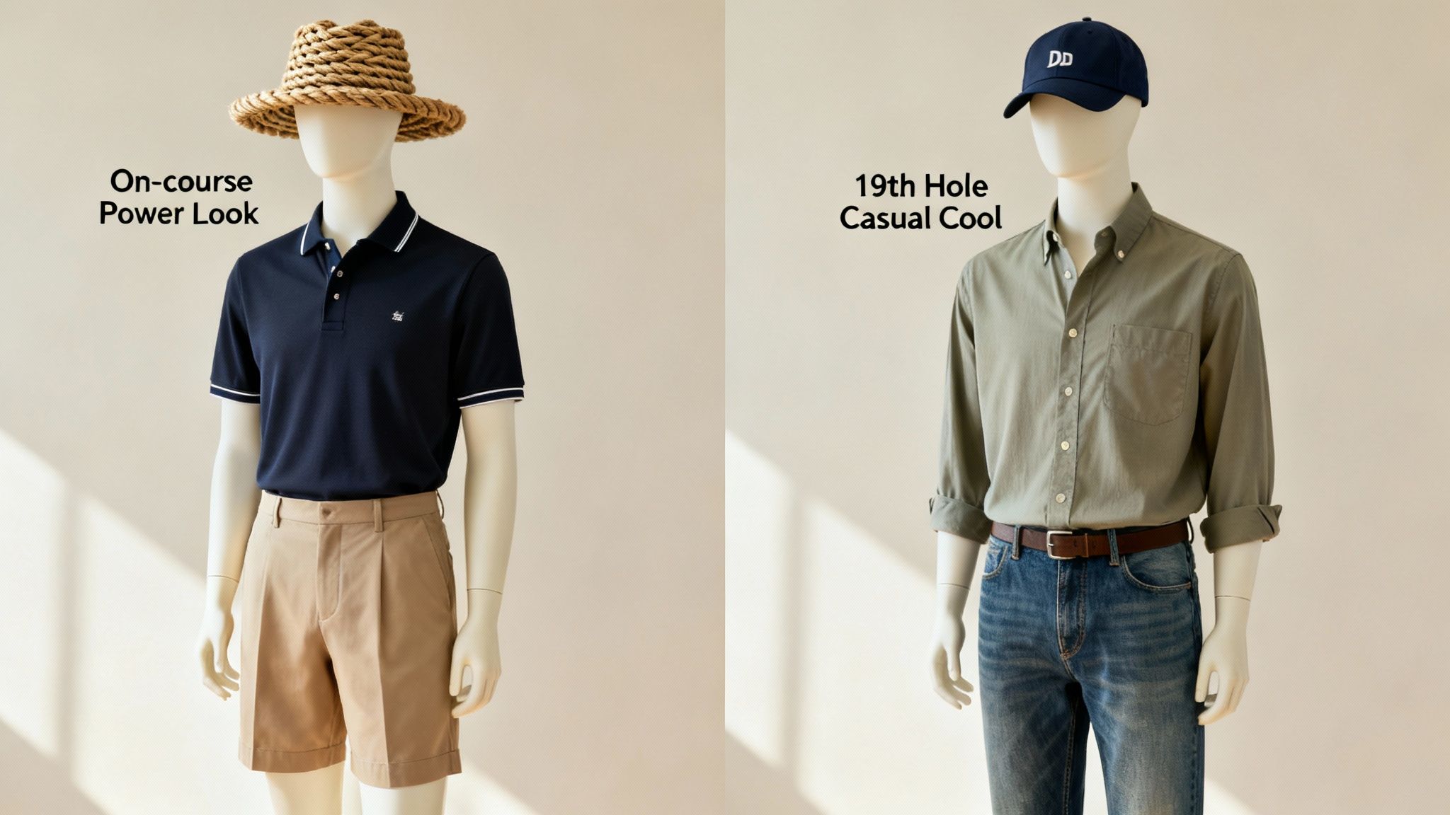 Two mannequins display men's golf fashion: an on-course look with a straw hat and a casual post-game outfit.