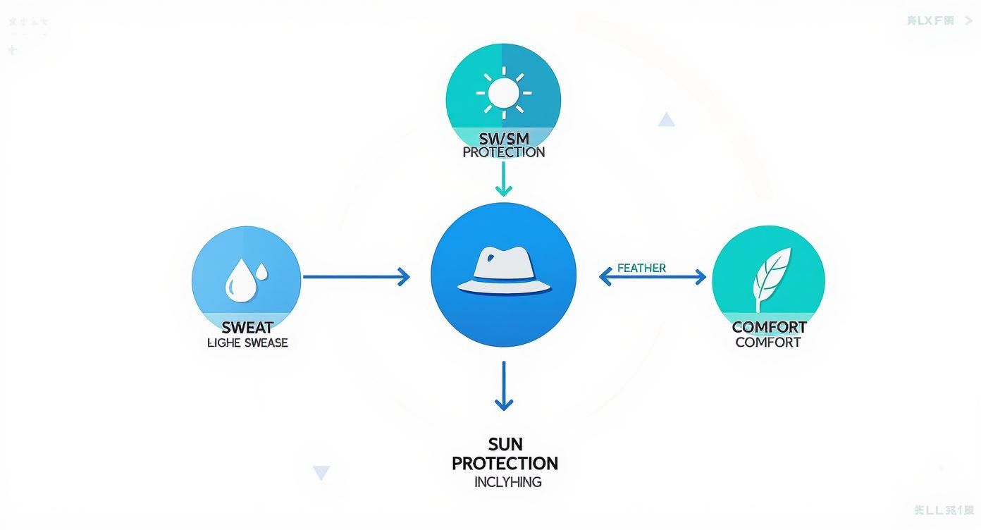 Diagram showing a hat's features: sweat management, sun protection, and comfort for wear.