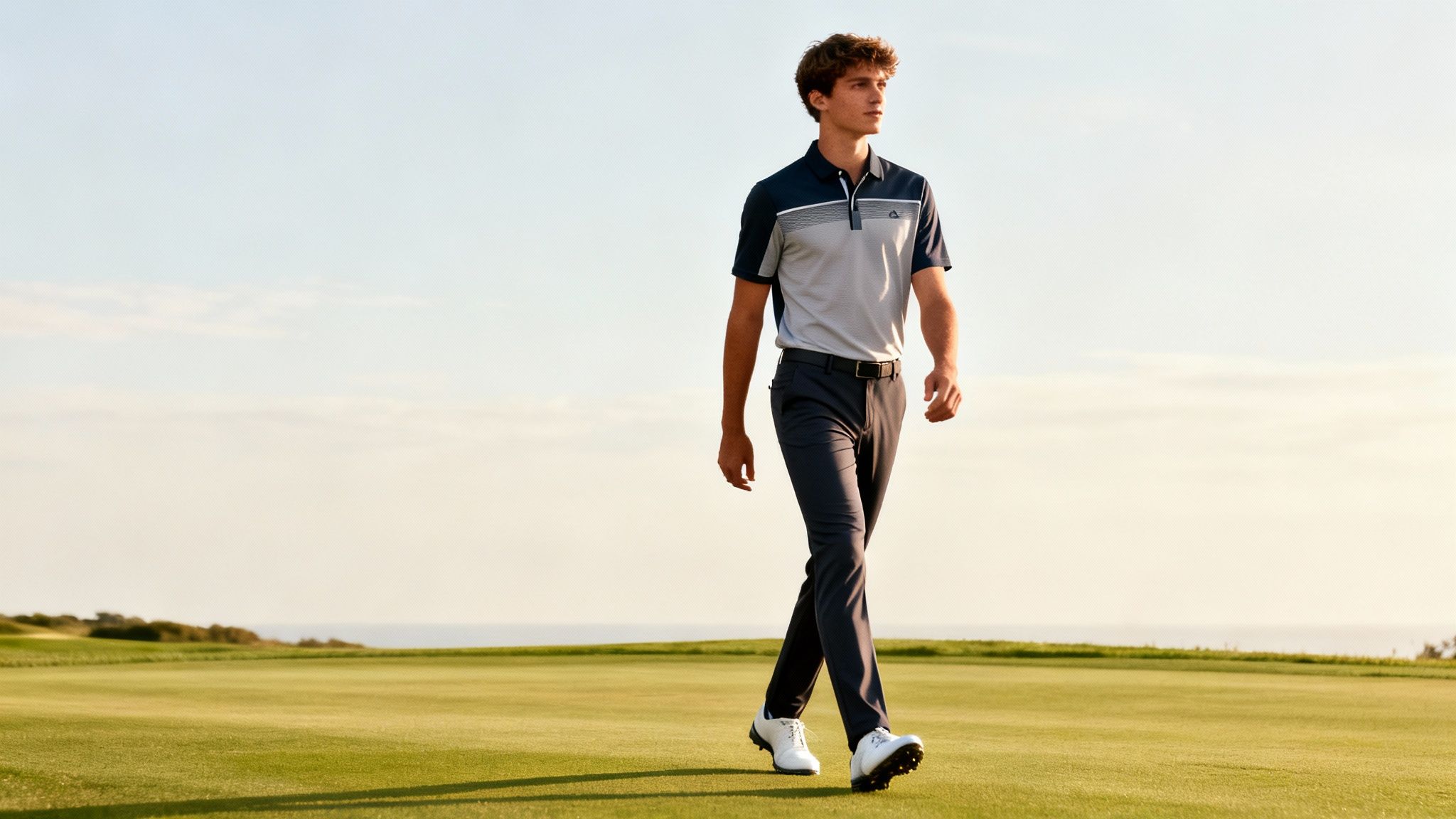 A young man in a stylish golf polo and dark pants walks across a green golf course.
