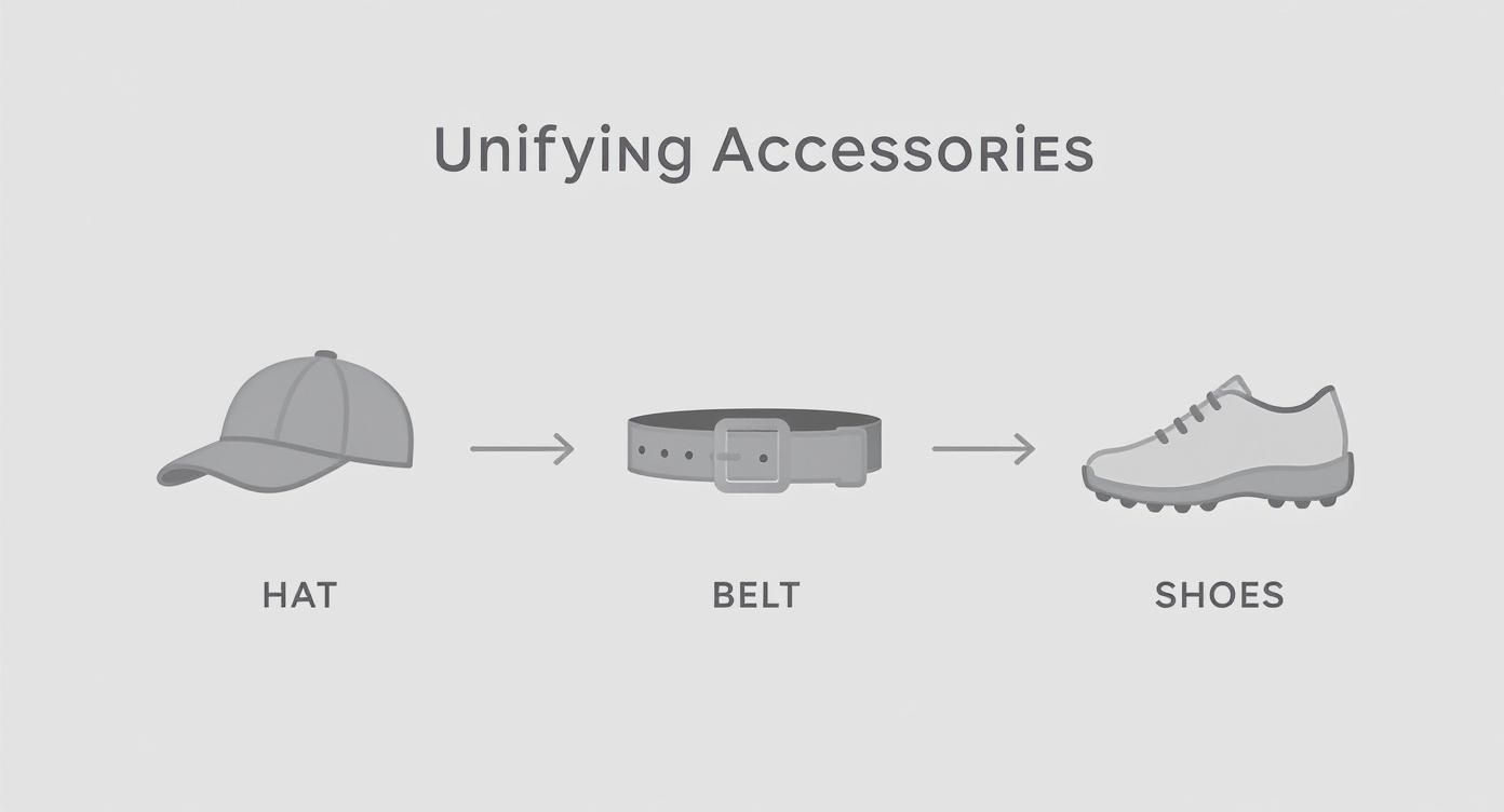 Three gray accessories: a baseball cap, a belt, and a running shoe, with labels and title.