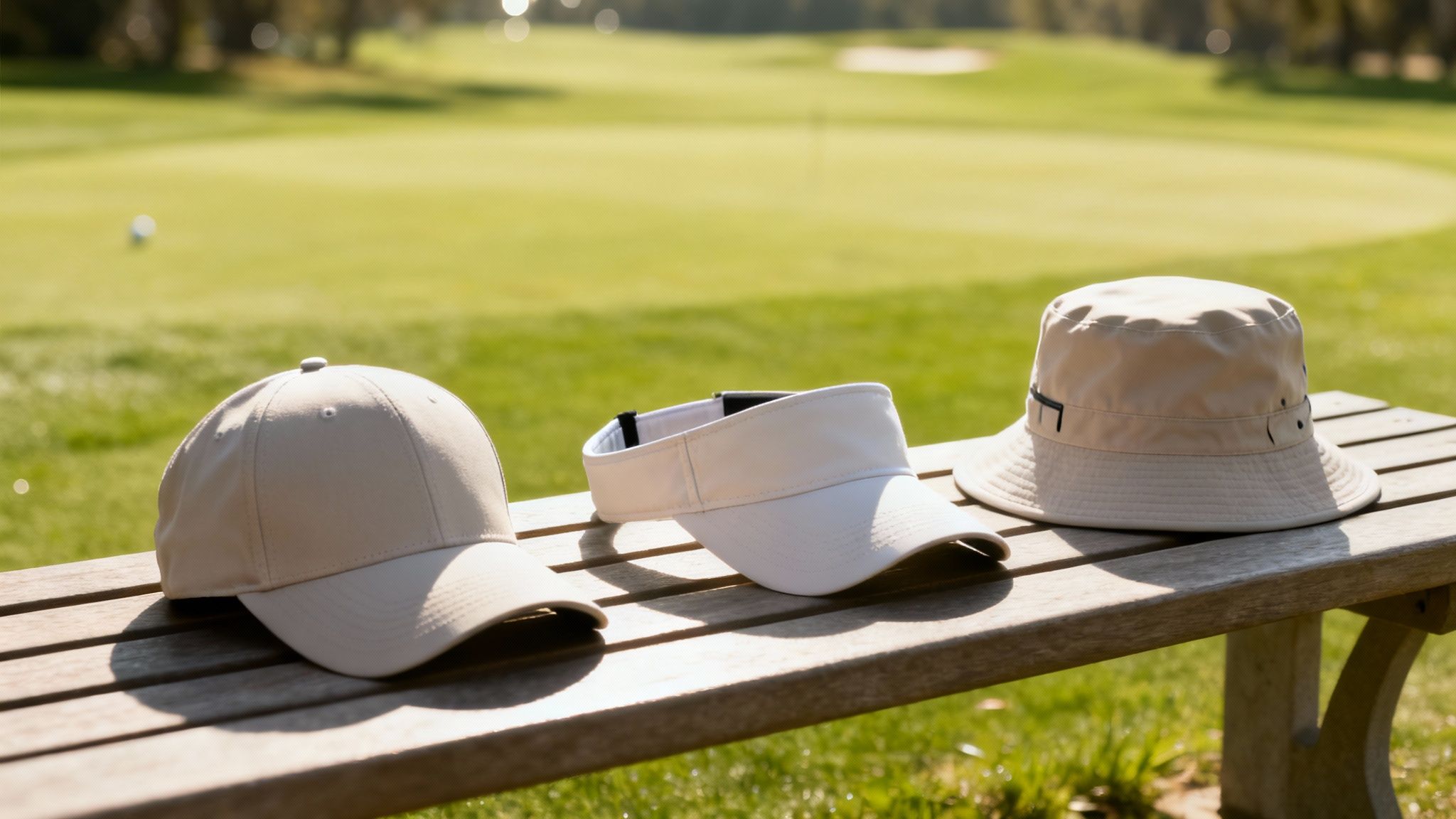Three white golf hats on wooden bench including baseball cap, visor, and bucket hat on course