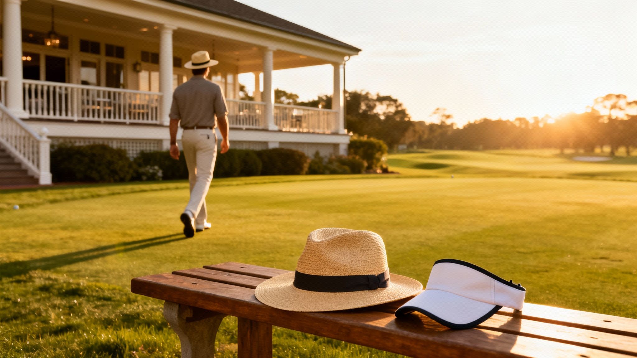 Man walks from a country club towards a golf course at sunset, with hats on a bench.