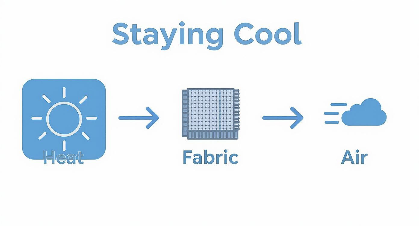 A diagram illustrating how heat transfers from a sun icon through fabric to air to stay cool.