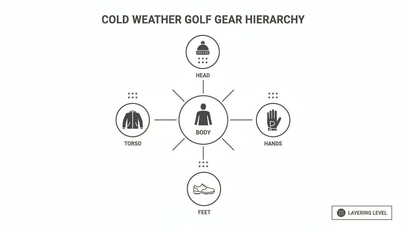 A diagram illustrating cold weather golf gear hierarchy for head, torso, hands, and feet with icons.
