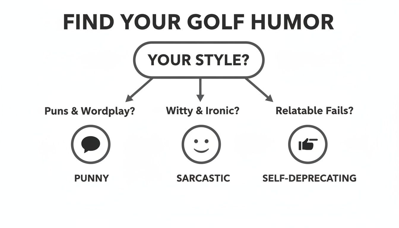 A flowchart identifying golf humor styles: Punny, Sarcastic, and Self-Deprecating, with corresponding icons.