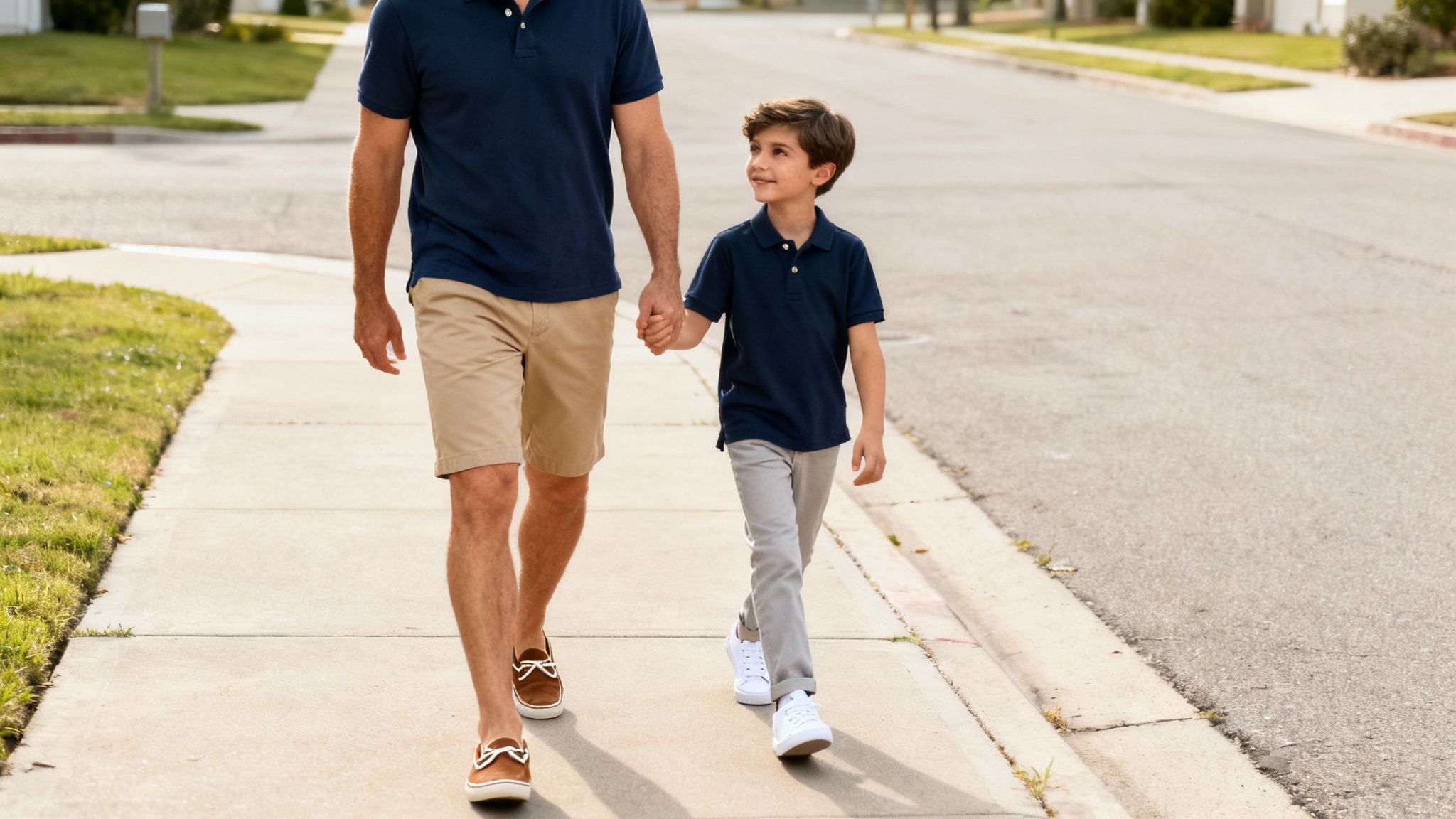 A father and son in matching navy blue polos and khaki shorts walking on a beach at sunset.