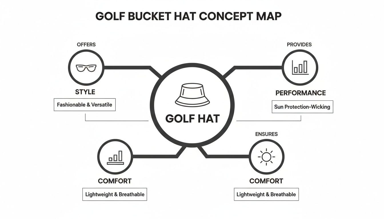 A concept map illustrating the key features and benefits of a golf bucket hat: style, performance, and comfort.