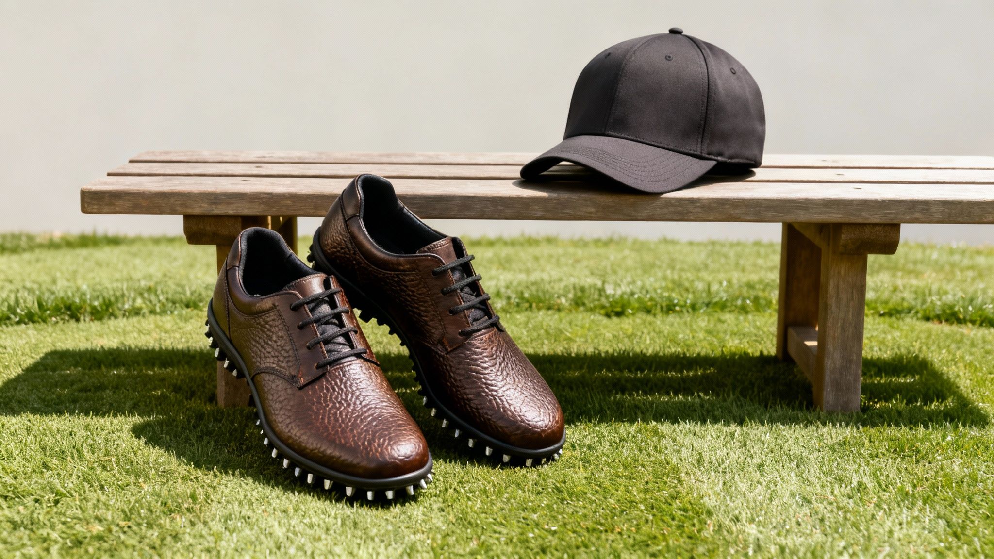 A pair of brown golf shoes with black laces and a black cap on a wooden bench, surrounded by green grass.