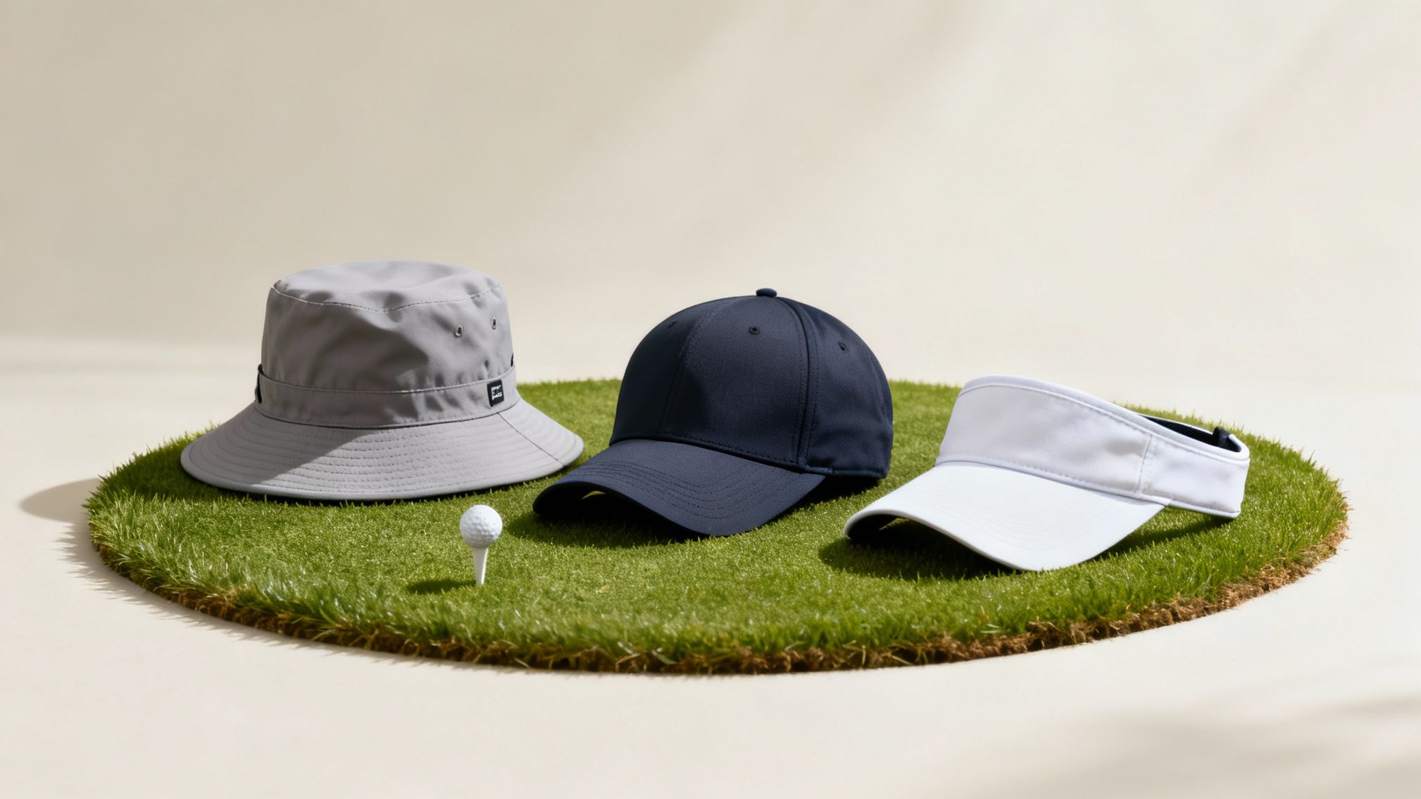 Three golfers wearing a cap, visor, and bucket hat on a sunny golf course.