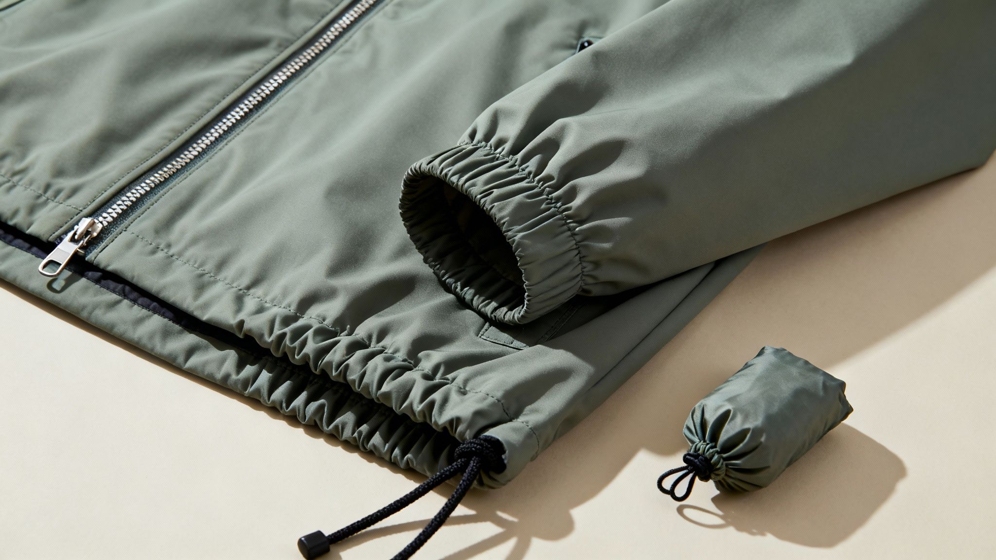 Close-up of a green packable windbreaker jacket with a zipper, elastic cuffs, drawstring hem, and a matching folded pouch.
