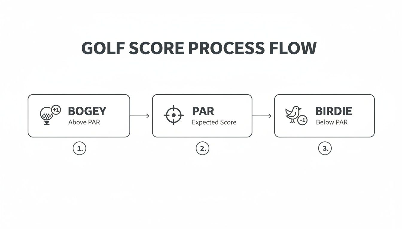 Flowchart illustrating golf score process: Bogey (above par), Par (expected), and Birdie (below par).