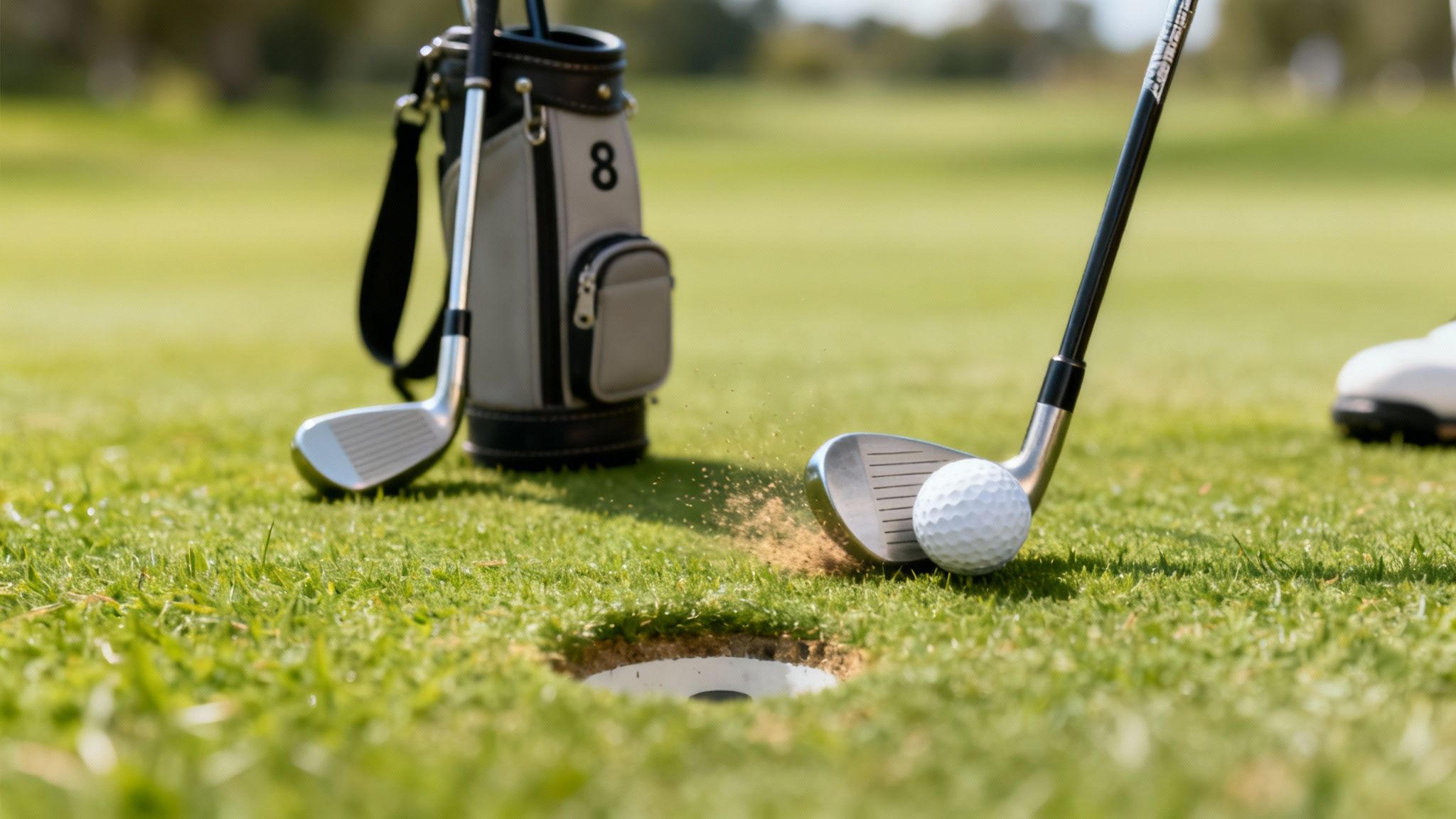 A golf club strikes a white golf ball, kicking up dirt, near the hole on a sunny green.