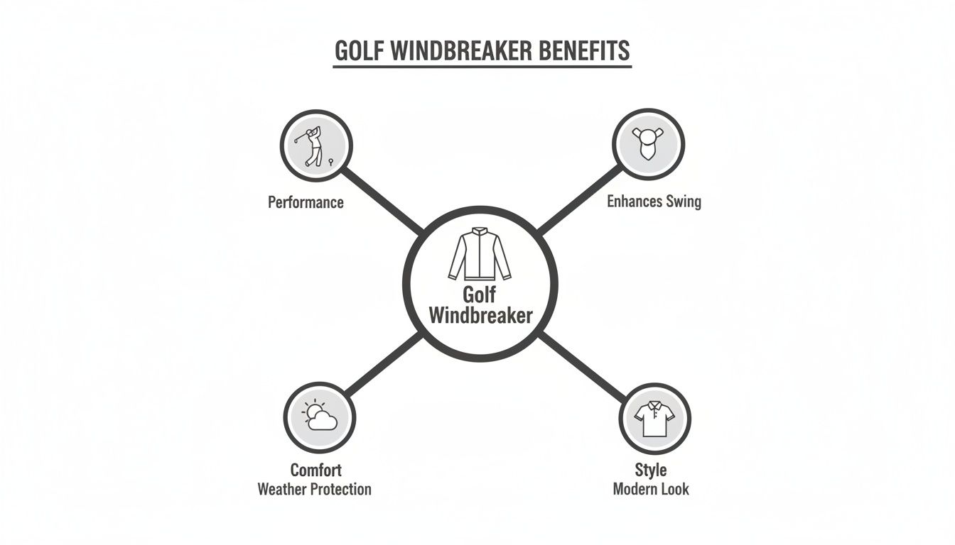 Infographic showing golf windbreaker benefits: enhanced performance, improved swing, weather protection, and modern style.