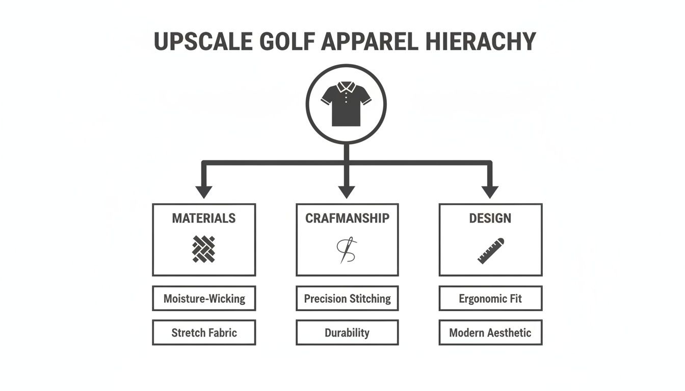 A hierarchy diagram outlining key factors for upscale golf apparel: materials, craftsmanship, and design elements.
